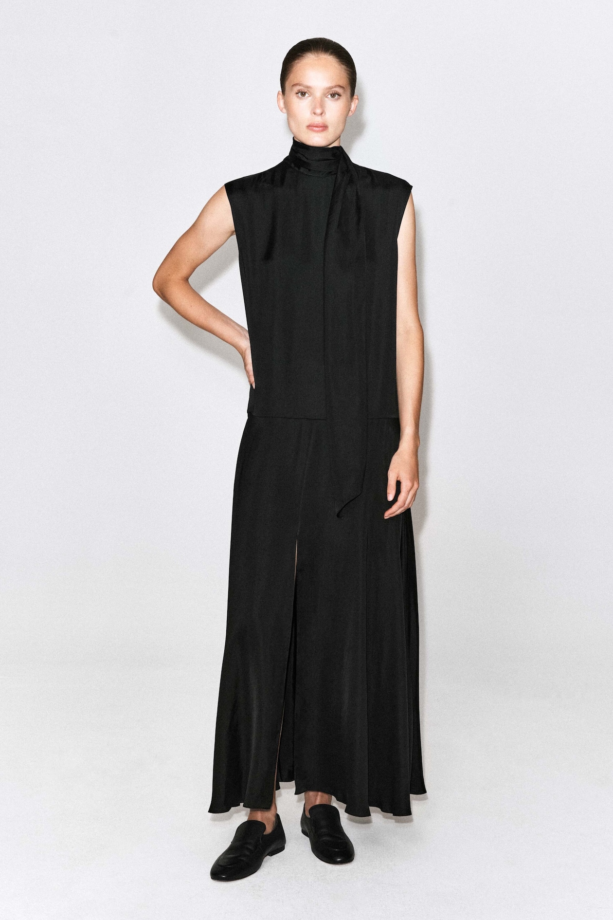 SCARF-DETAIL SATIN MAXI DRESS — CARBON