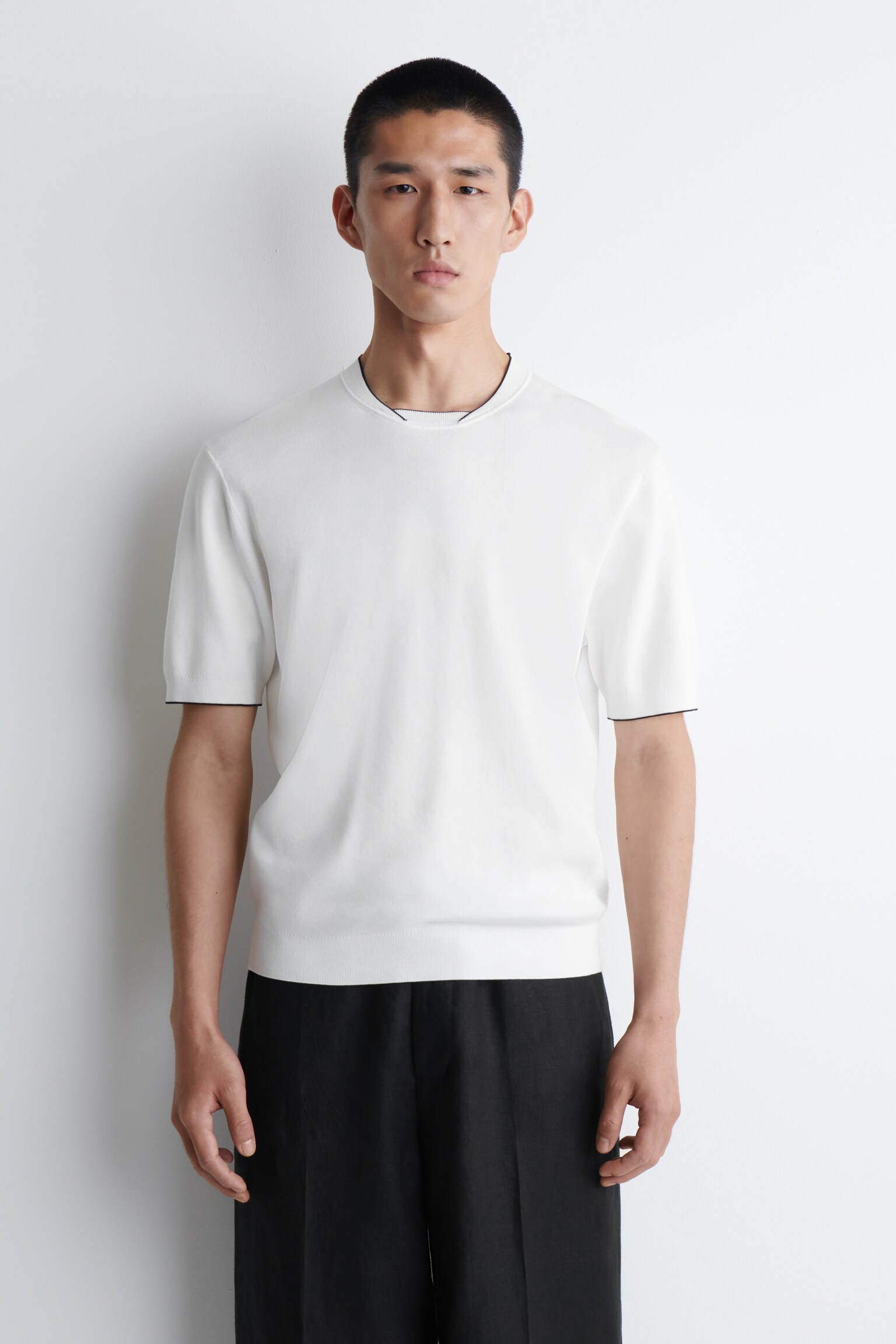 CONTRAST-TIPPED KNITTED T-SHIRT - WHITE