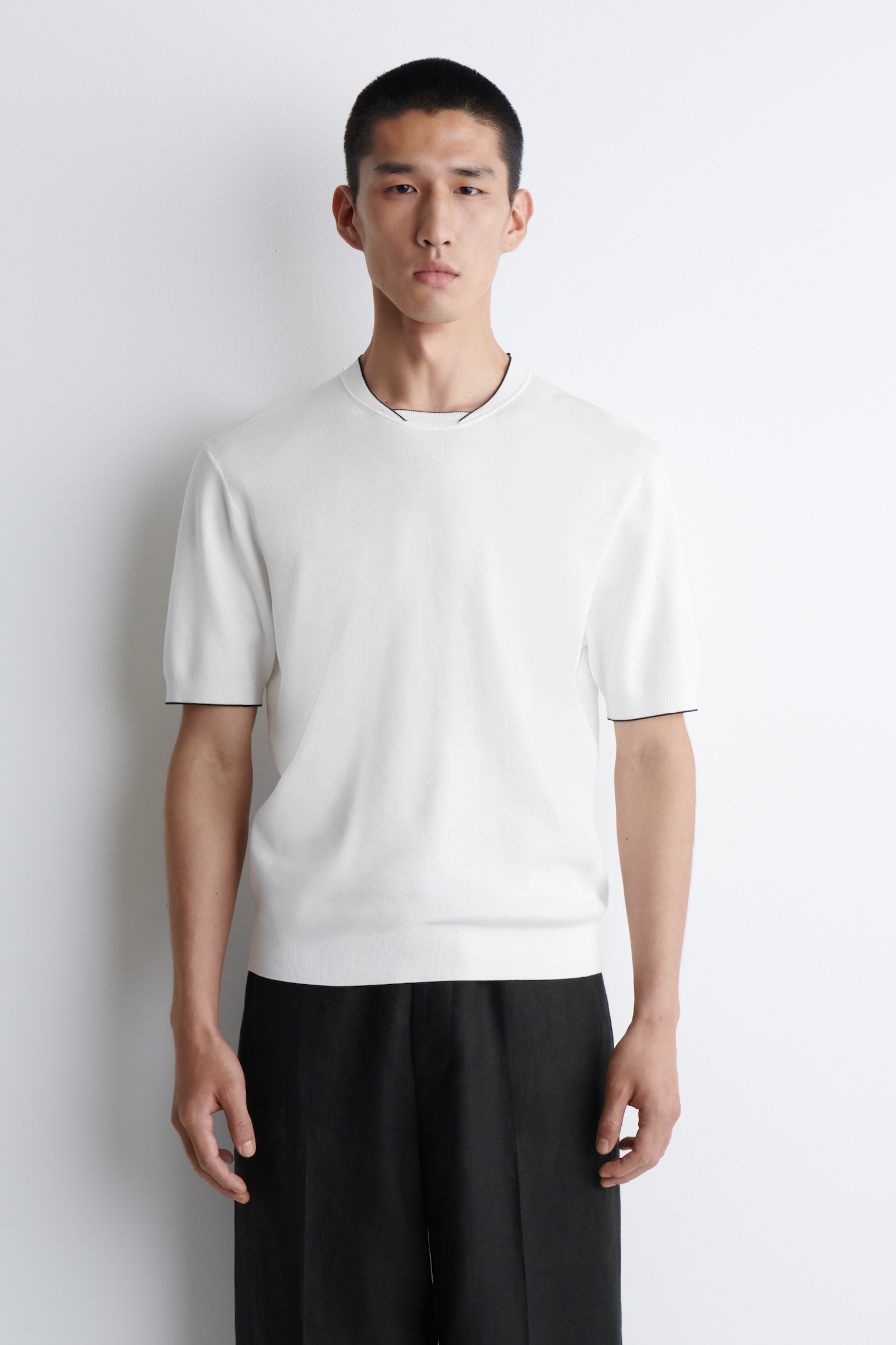 T-SHIRT À BORDURE CONTRASTANTE EN MAILLE - BLANC - 1