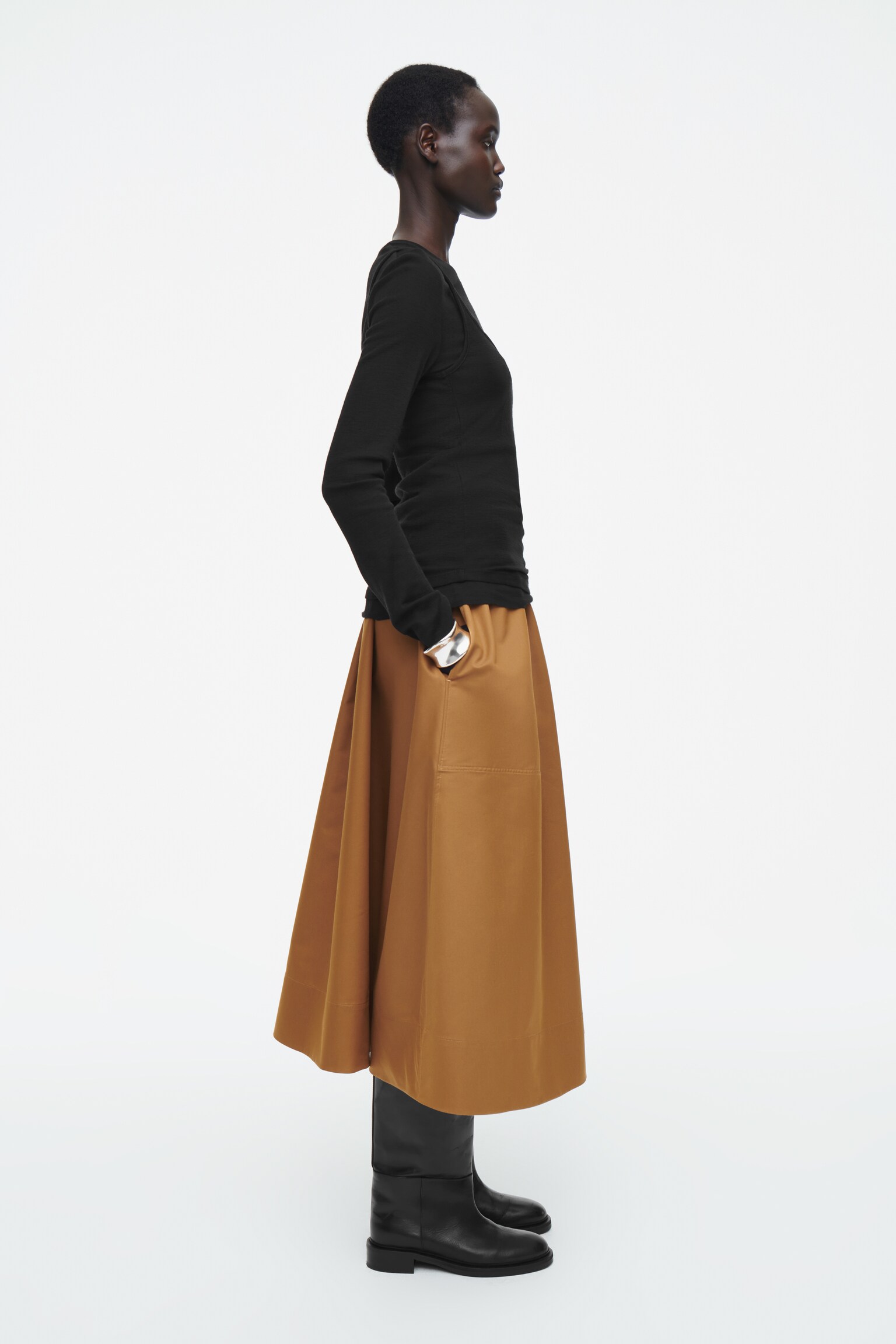 GATHERED A-LINE MIDI SKIRT - BROWN/NAVY - 5