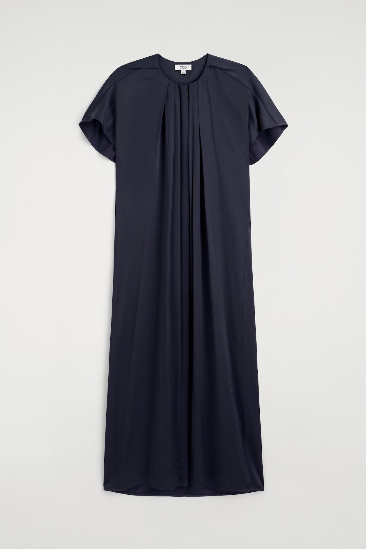 PLEATED SATIN MIDI DRESS — NAVY