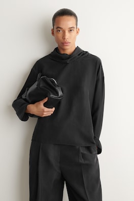 WASHED-SILK MOCK-NECK TOP — BLACK 1