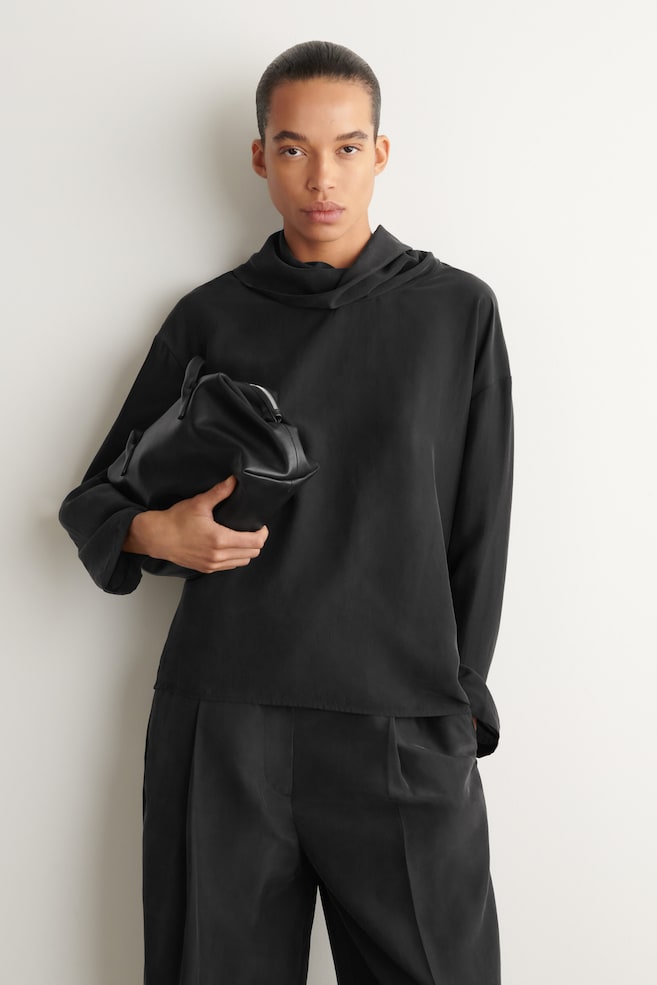 WASHED-SILK MOCK-NECK TOP — BLACK