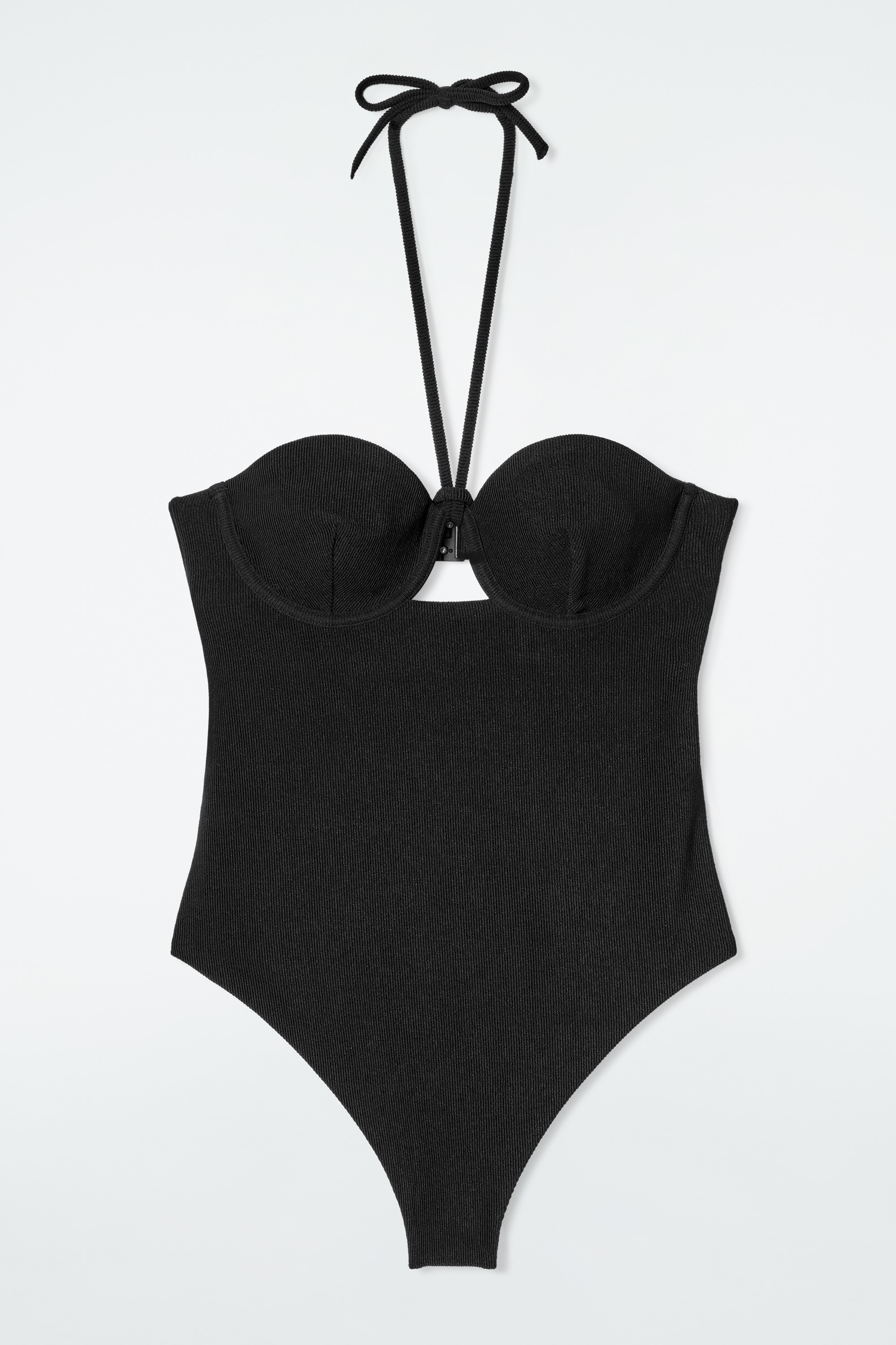 RIBBED UNDERWIRED HALTERNECK SWIMSUIT - BLACK