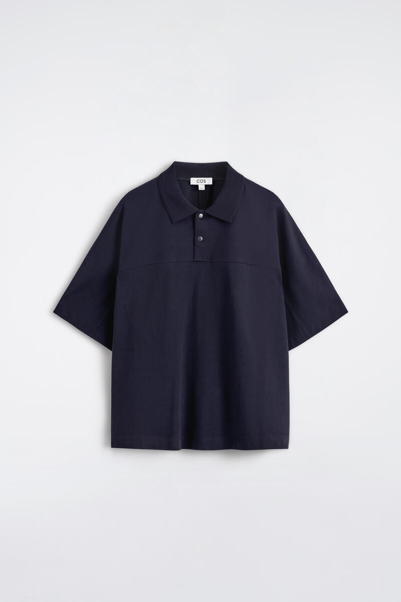 Press-Stud Cotton Polo Shirt in Navy