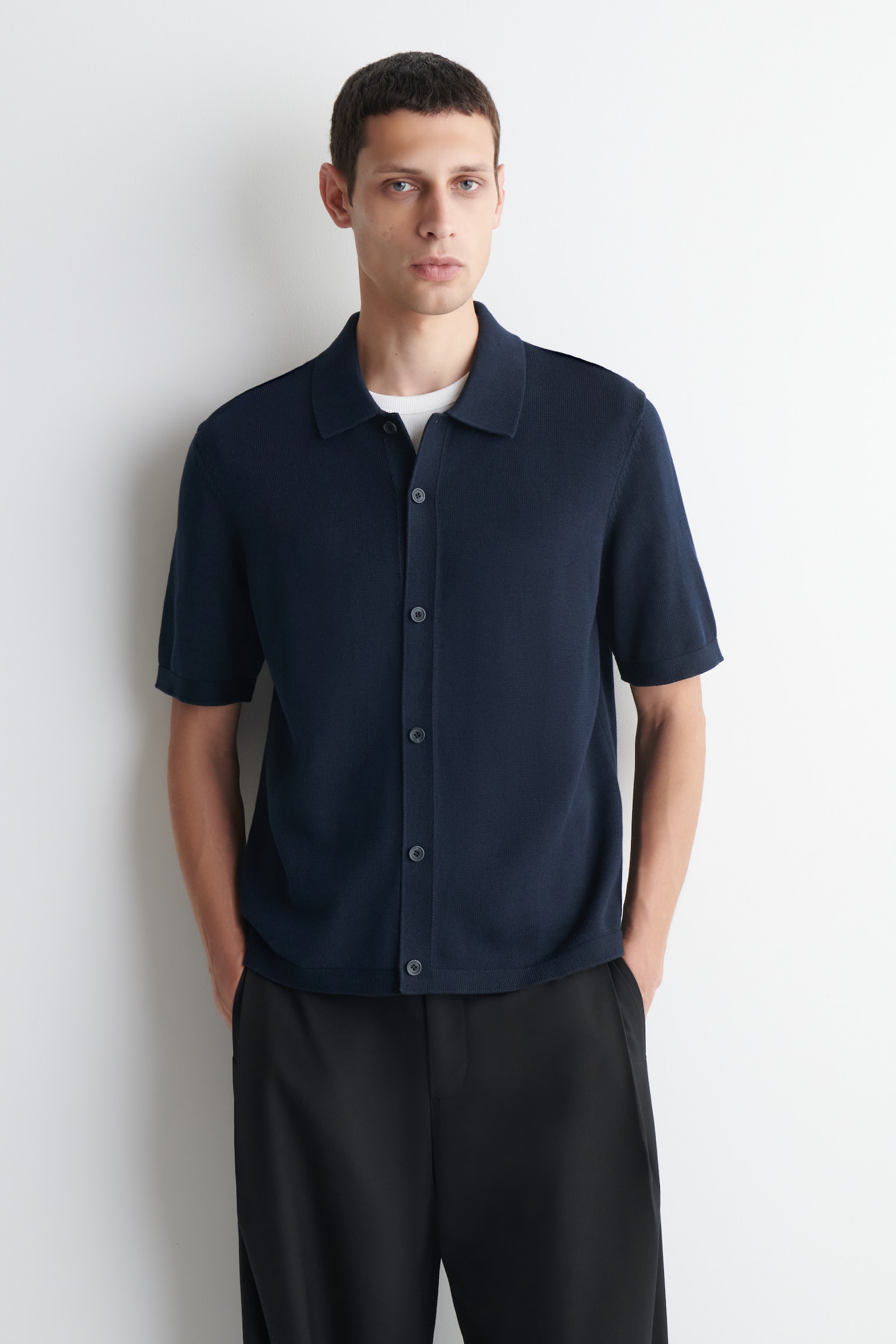 Gebreid katoenen shirt - MARINEBLAUW - 1