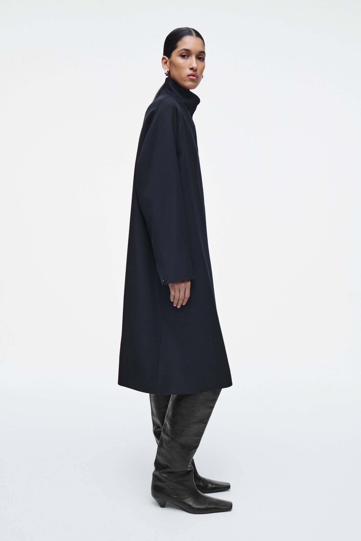 TRAPEZE WOOL-BLEND LONG COAT - NAVY/BEIGE - 6