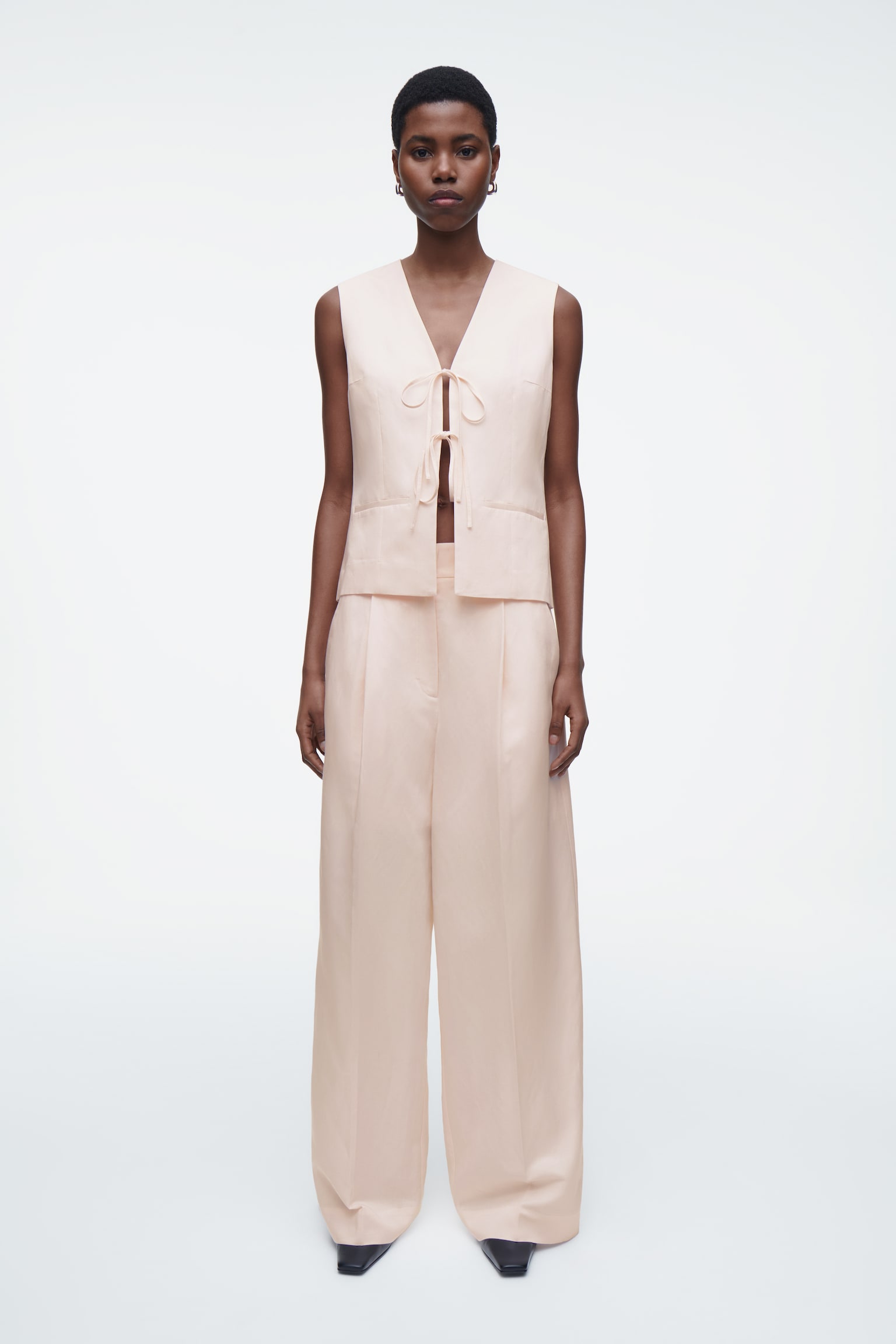 PANTALON LARGE EN LIN MÉLANGÉ DÉCONTRACTÉ - ROSE CLAIR/BLEU MARINE/NOIR - 1
