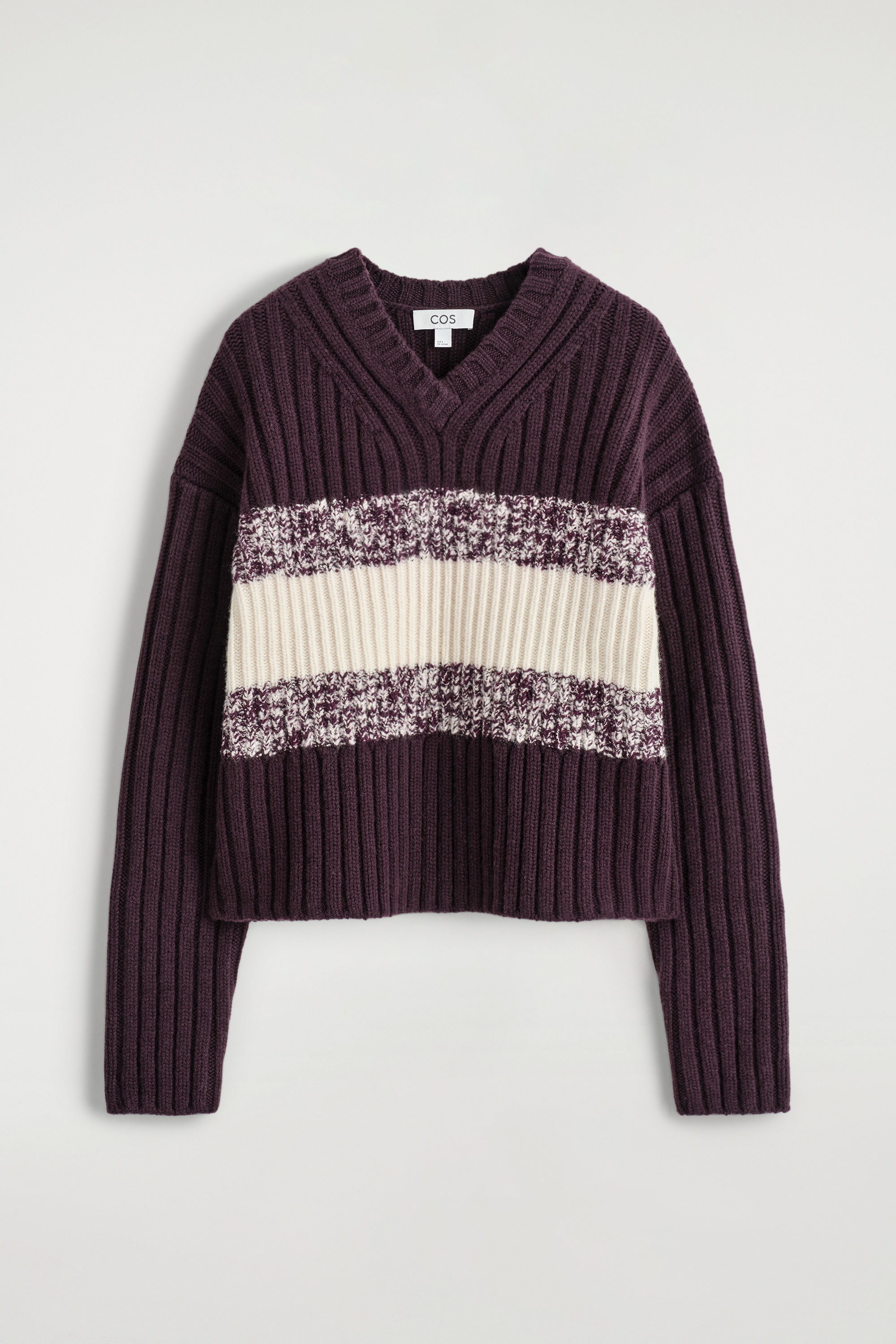 TEXTURED MERINO WOOL V-NECK SWEATER - BURGUNDY / CREAM | COS US