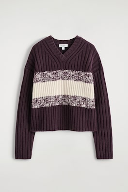 TEXTURED MERINO WOOL V-NECK SWEATER — BURGUNDY / CREAM 2