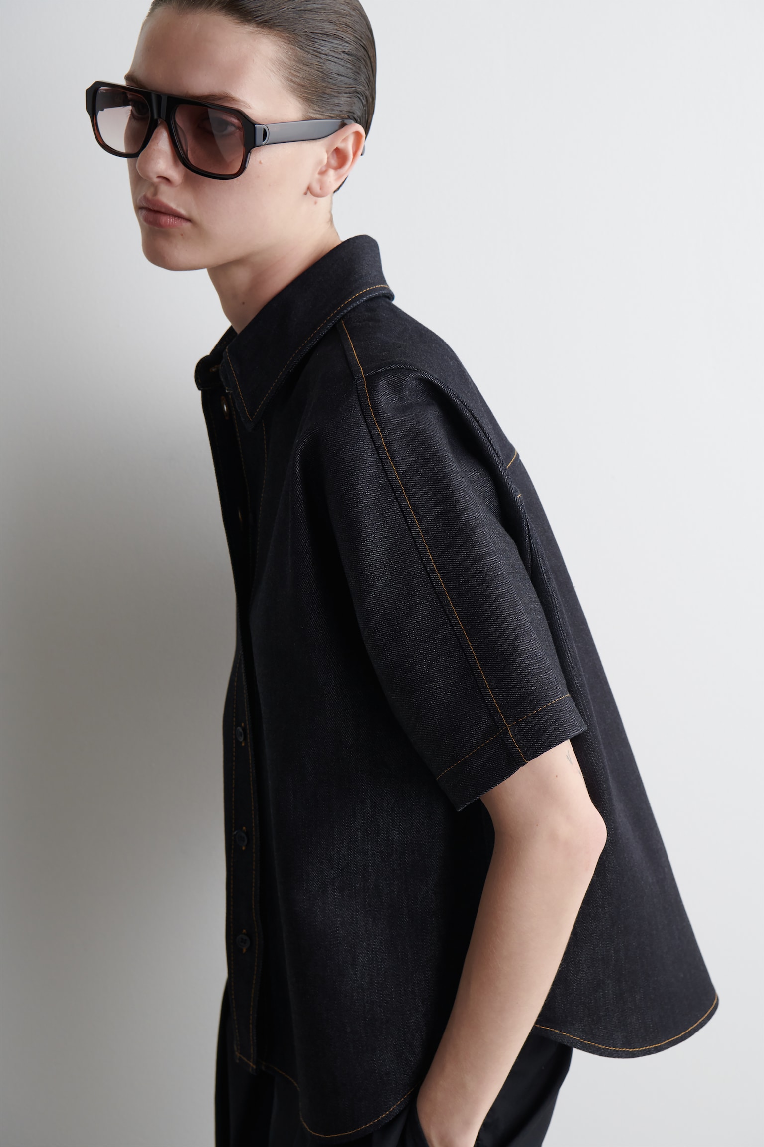 CAMICIA BOXY IN DENIM A MANICHE CORTE - INDACO - 7