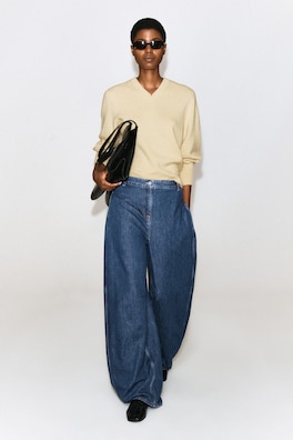 PLEATED-PANEL DENIM BARREL-LEG PANTS — BLUE 2