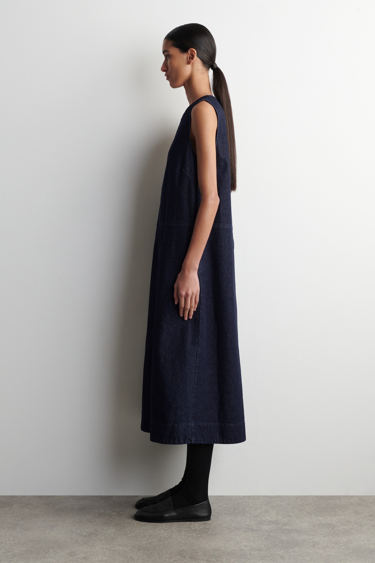 A-LINE DENIM MIDI DRESS — INDIGO