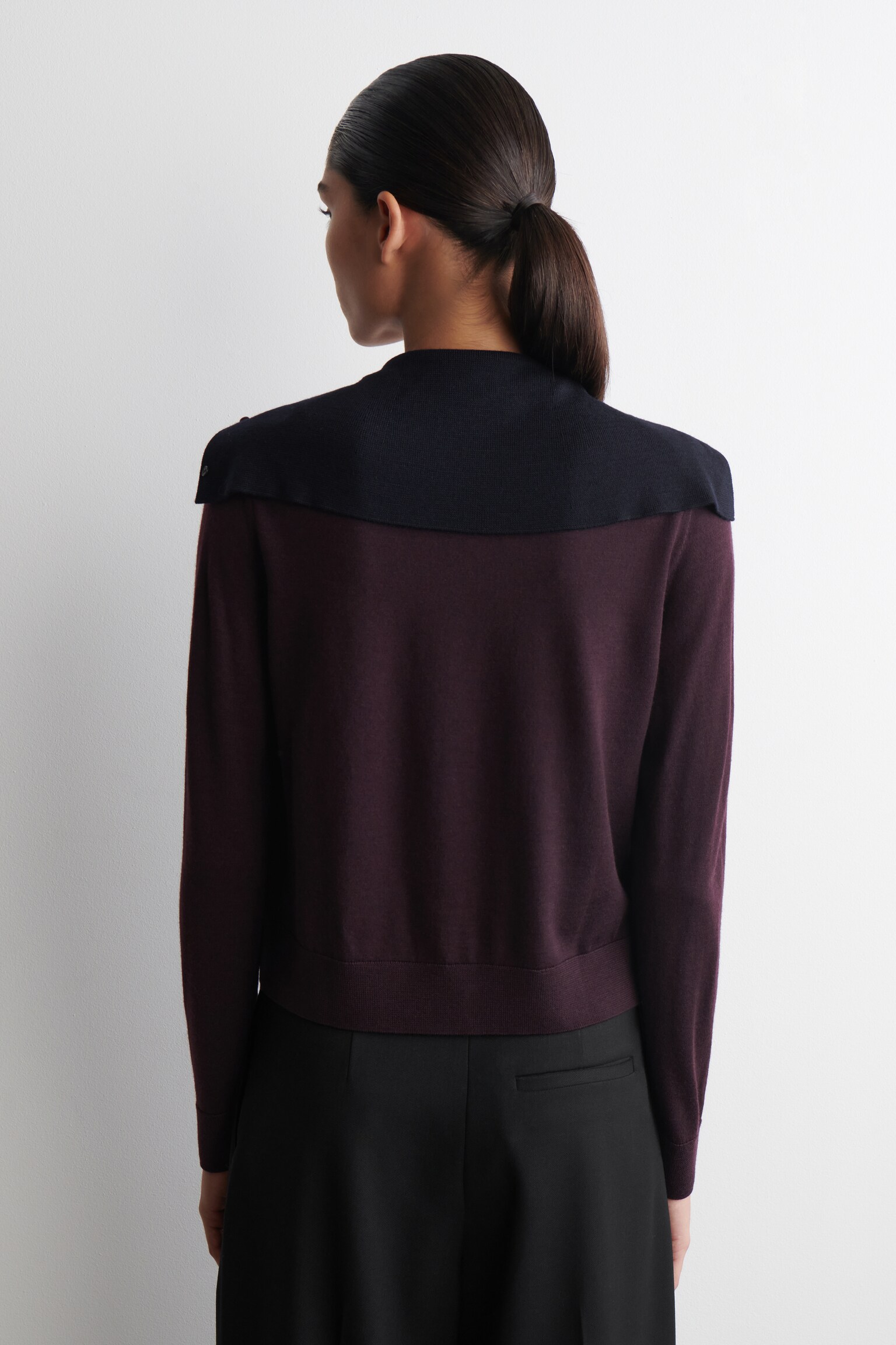 LAYERED MERINO WOOL HIGH-NECK CARDIGAN - BORDEAUX / NAVY/CAMEL - 6