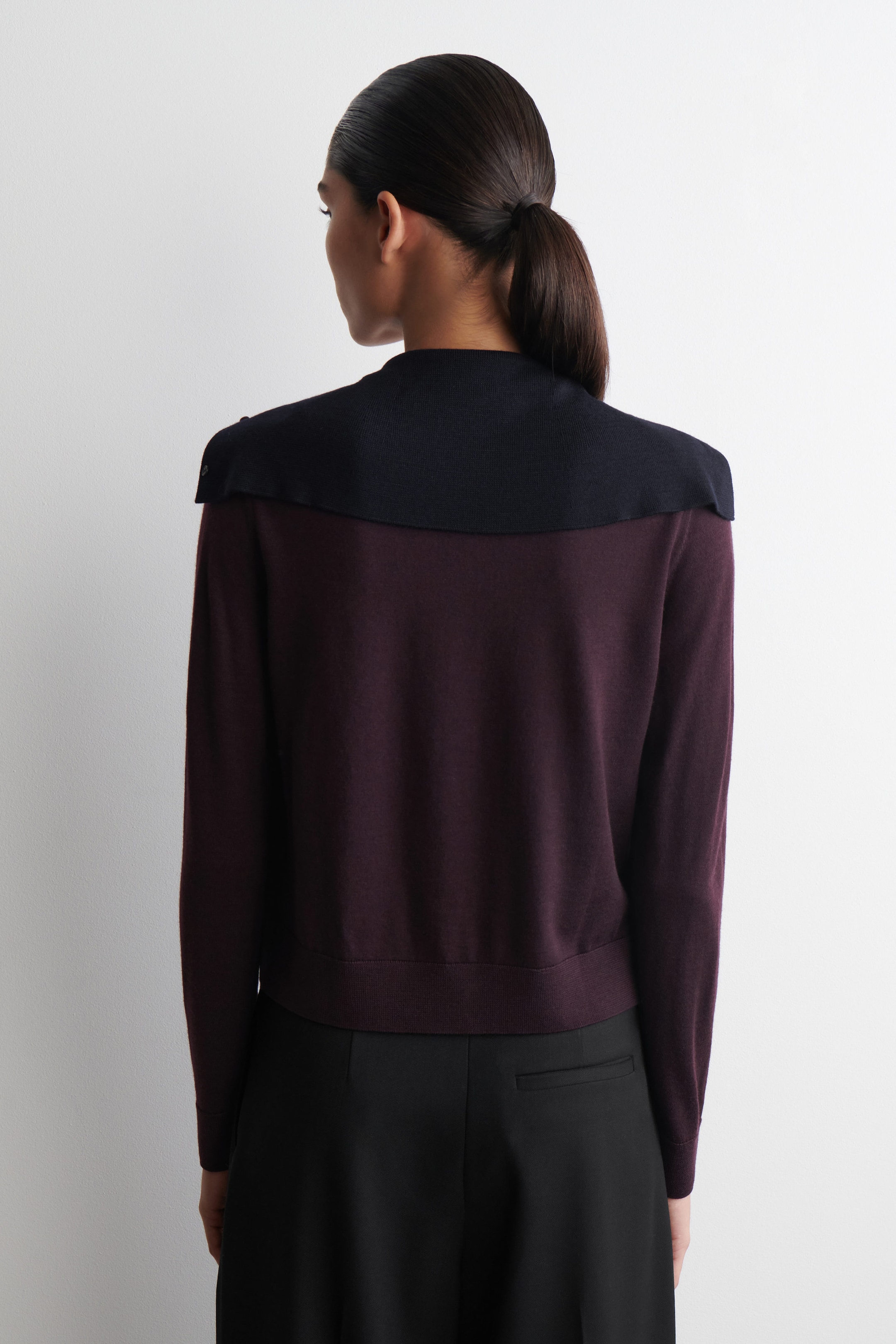 LAYERED MERINO WOOL HIGH-NECK CARDIGAN