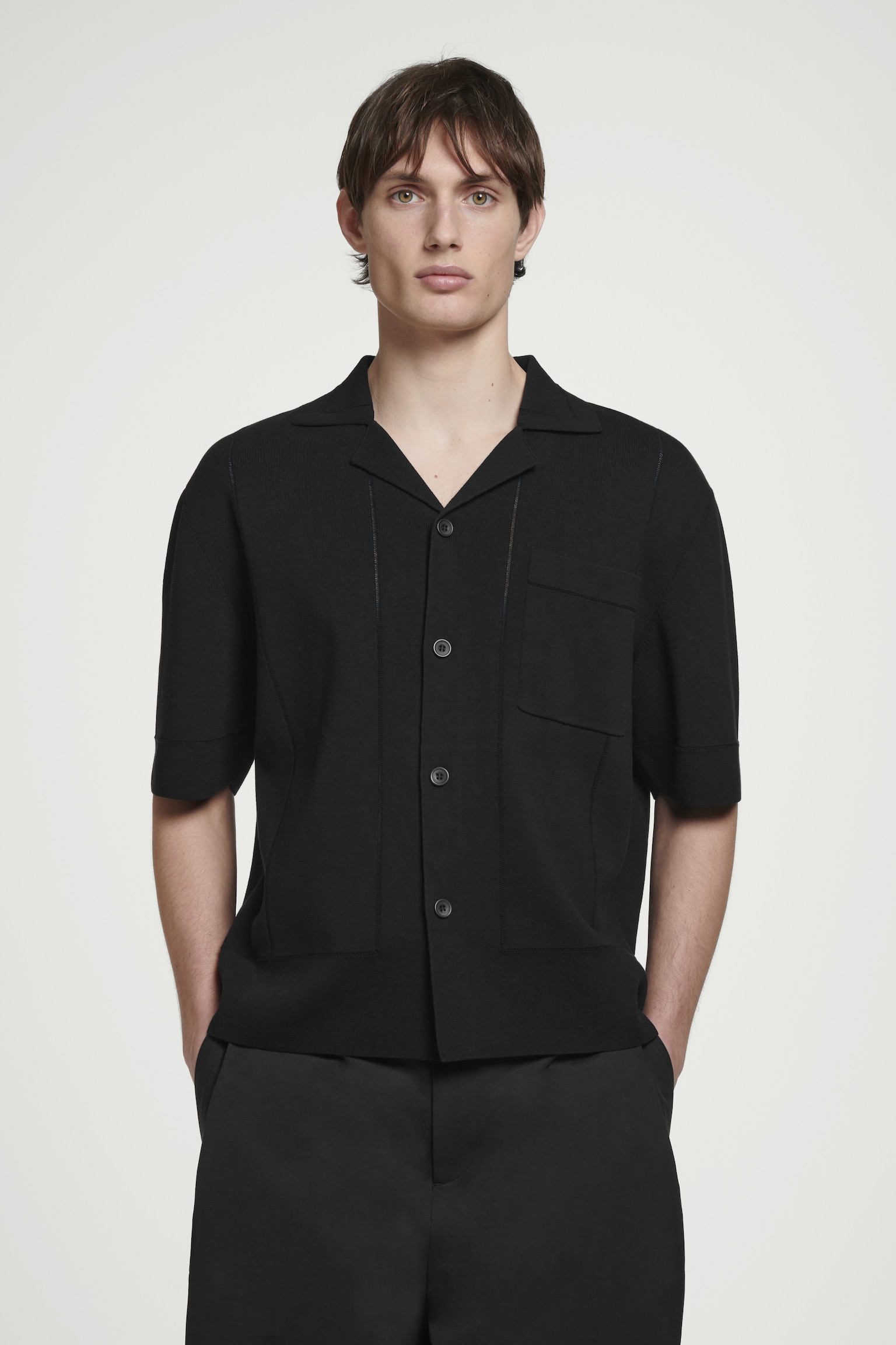 POINTELLE-KNIT COTTON SHIRT - BLACK