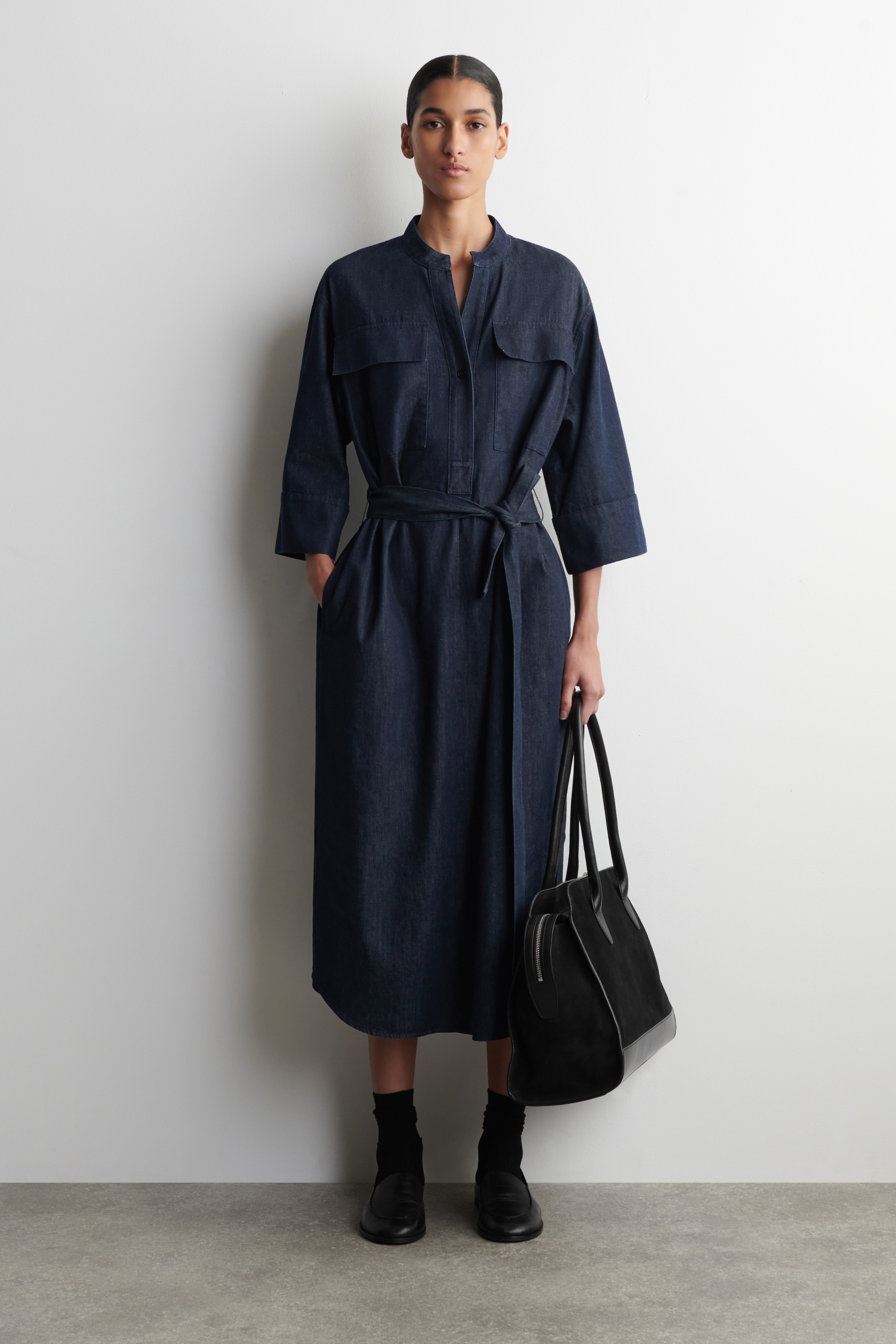 DENIM UTILITY MIDI SHIRT DRESS - DARK BLUE
