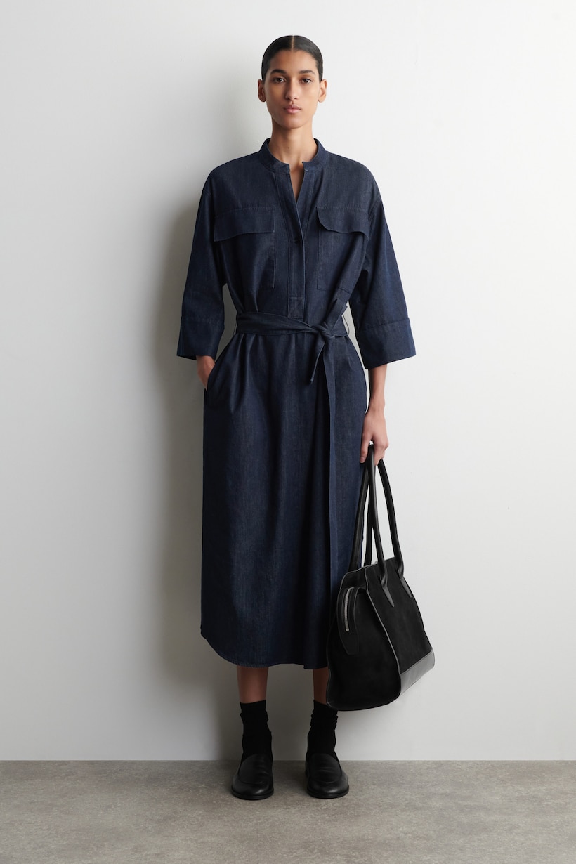 navy blue dress for baby girl ASYMMETRIC PANELLED DENIM MIDI DRESS - FADED BLUE main image 0