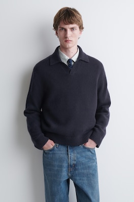 CHUNKY CASHMERE POLO SWEATER — NAVY 1