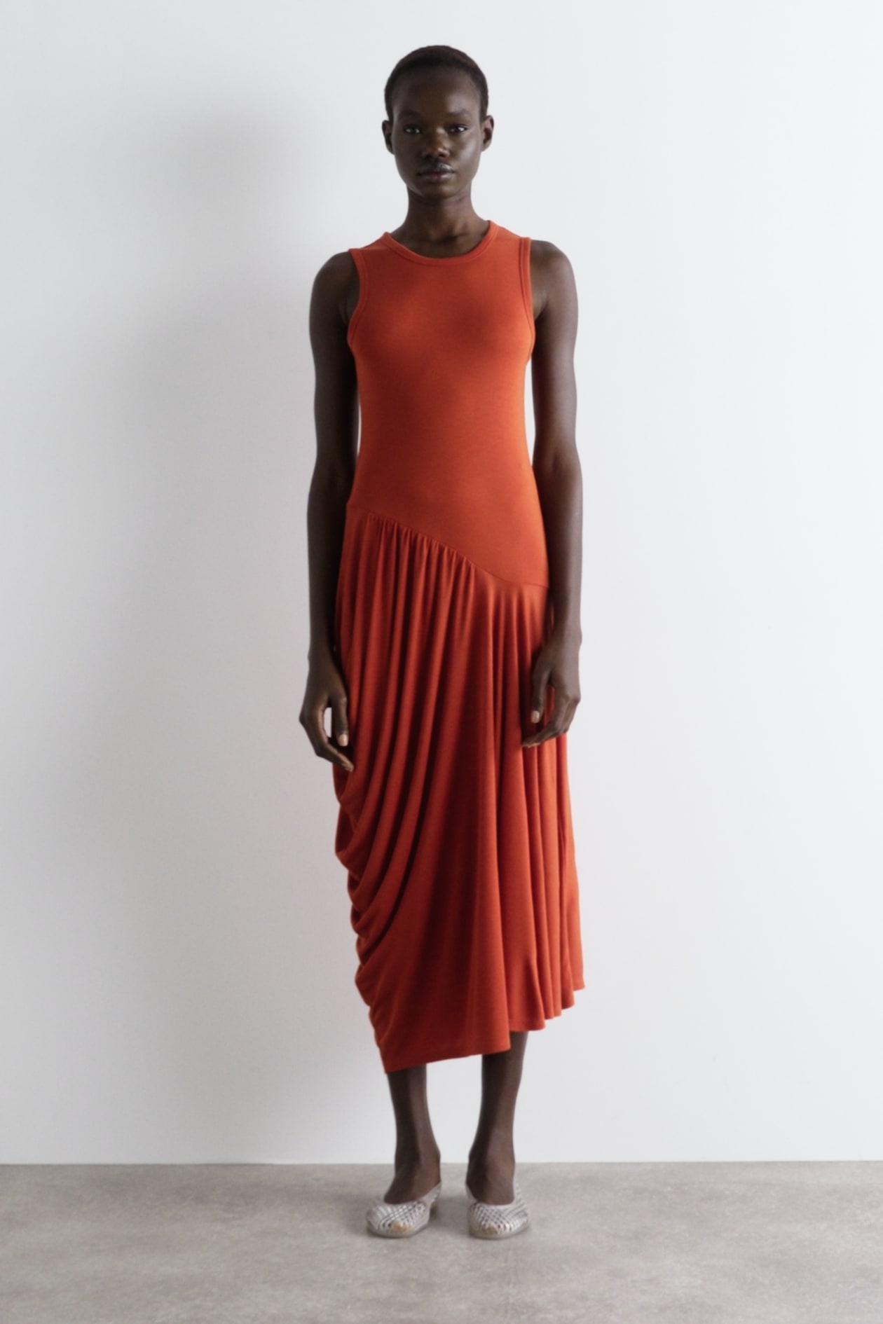 ASYMMETRIC DRAPED MIDI DRESS