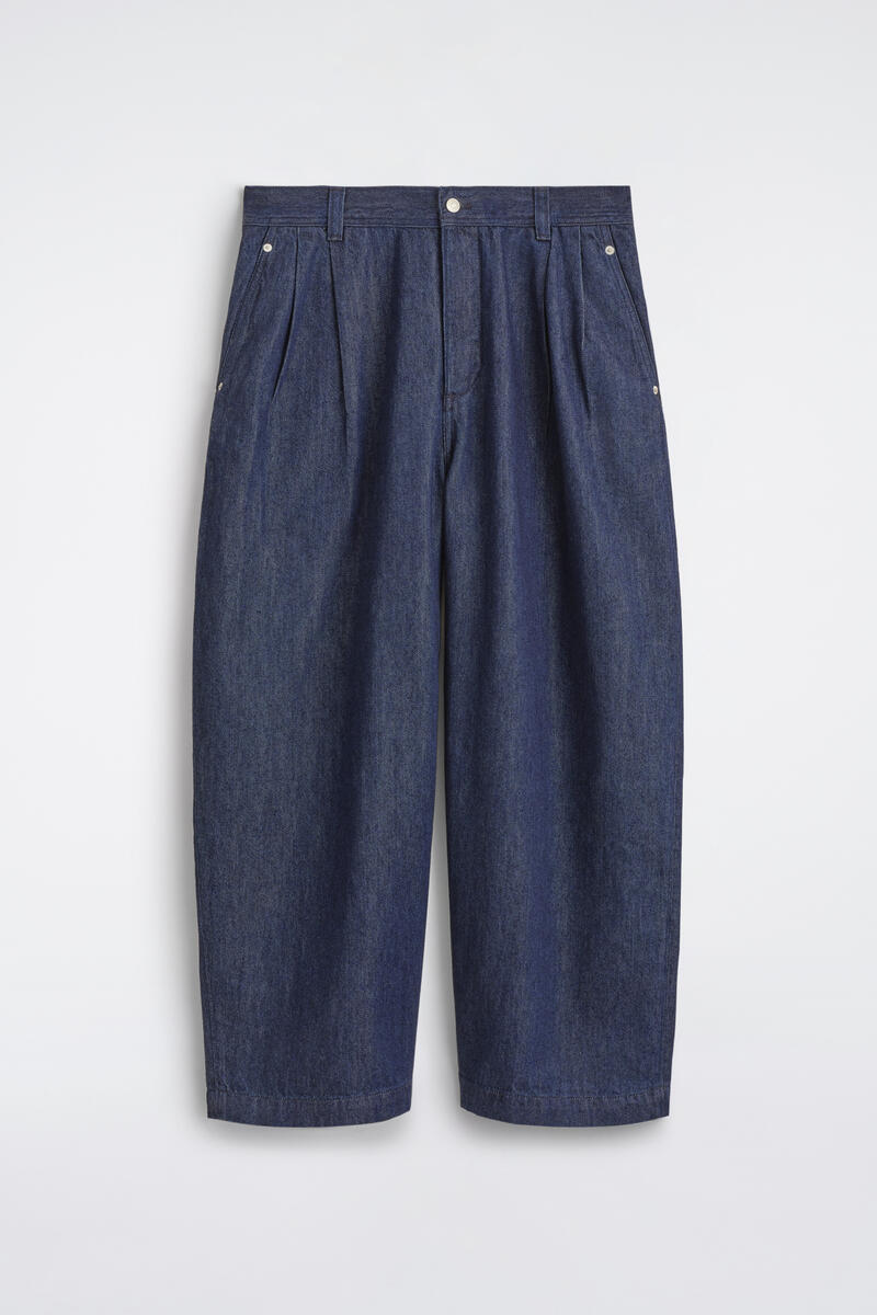 Pleated Denim Relaxed-Fit Barrel-Leg Pants