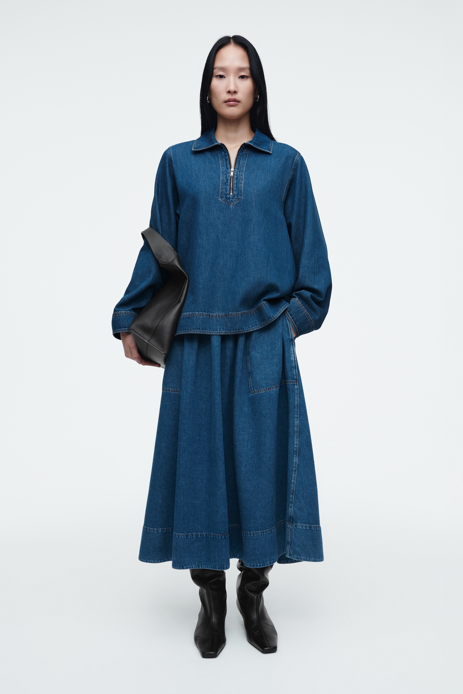 ELASTICATED DENIM MIDI SKIRT - BLUE - 4