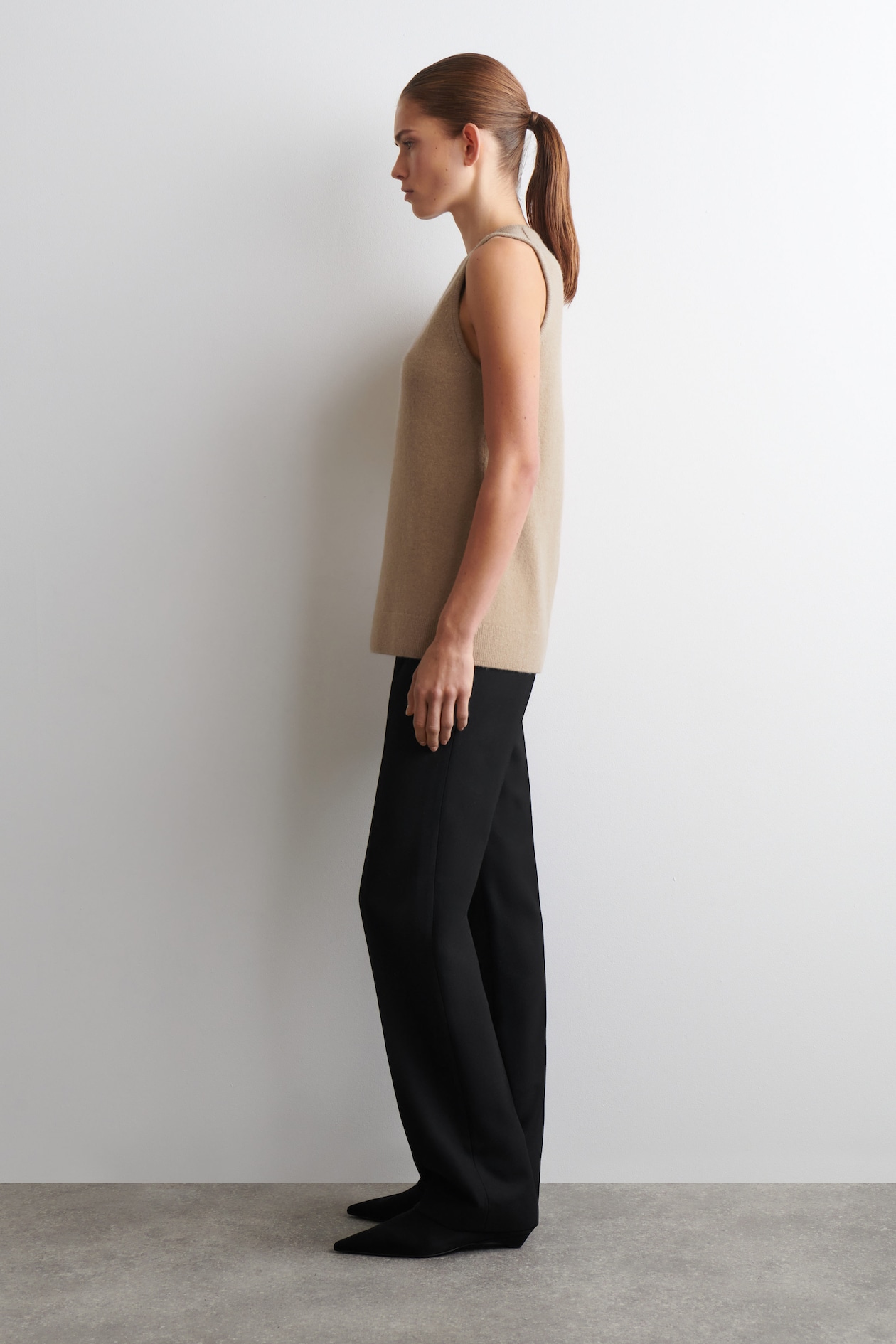 WOOL V-NECK TUNIC VEST — BEIGE MÉLANGE