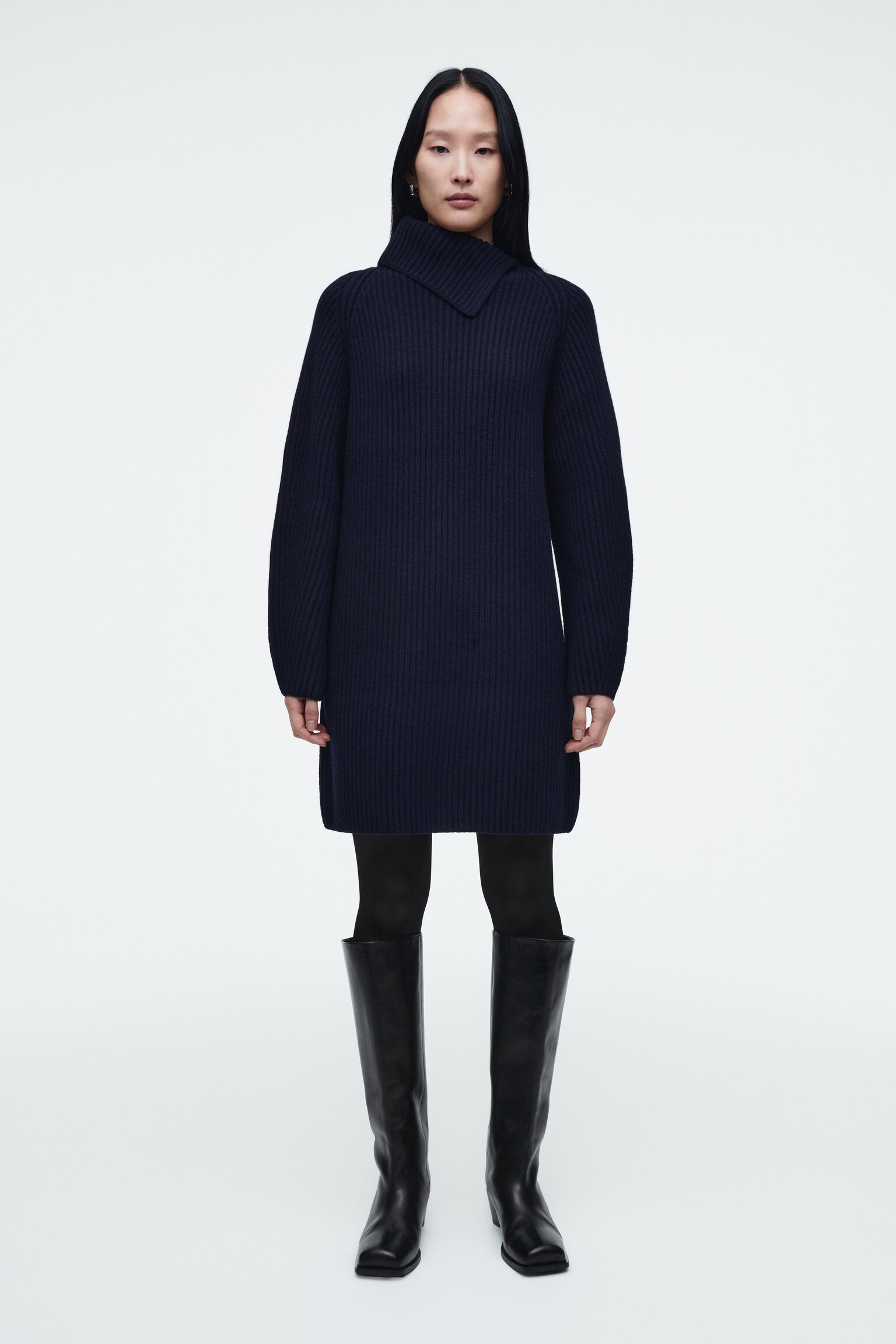 WRAP-COLLAR WOOL DRESS - NAVY