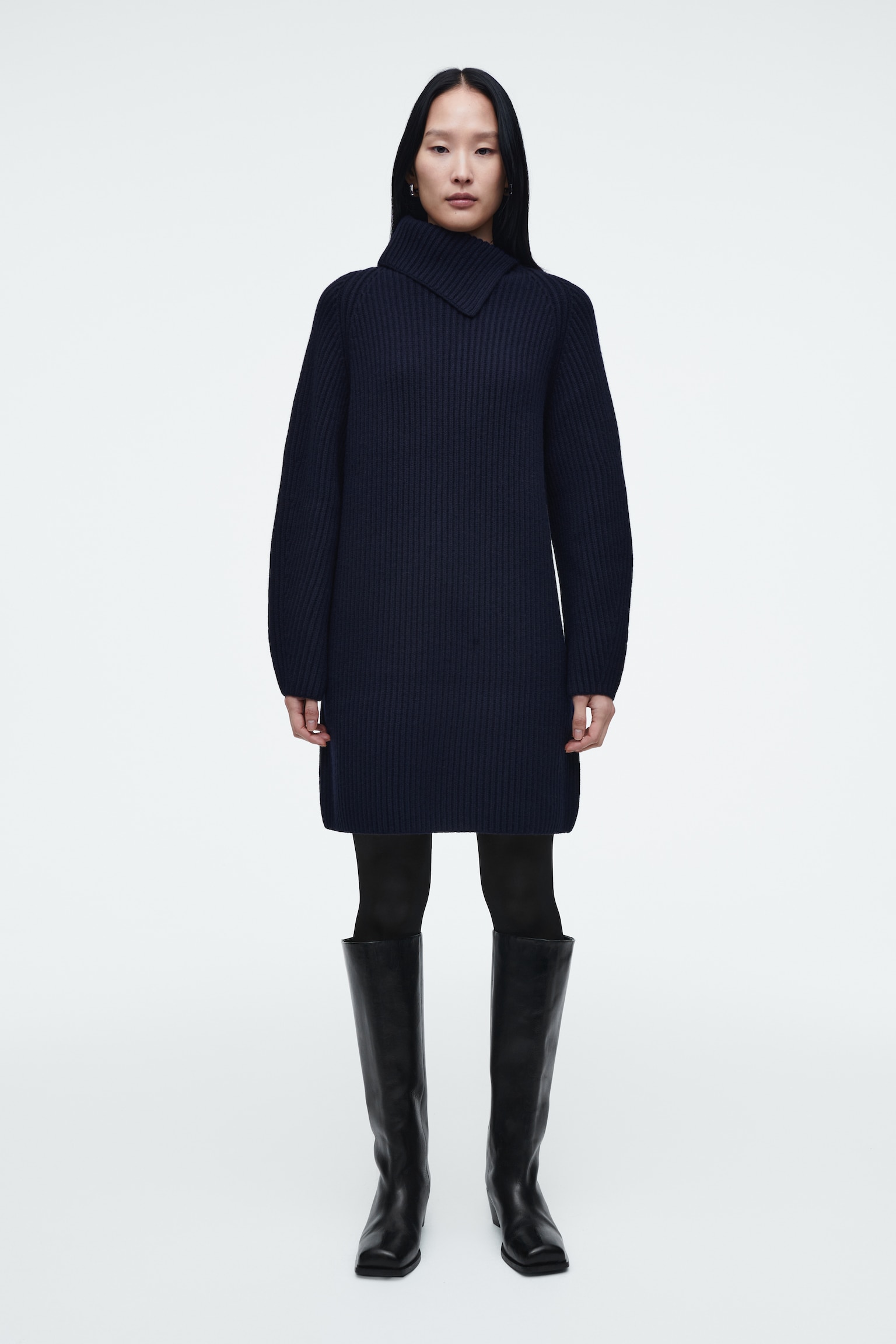 ROBE À COL ASYMÉTRIQUE EN LAINE - BLEU MARINE