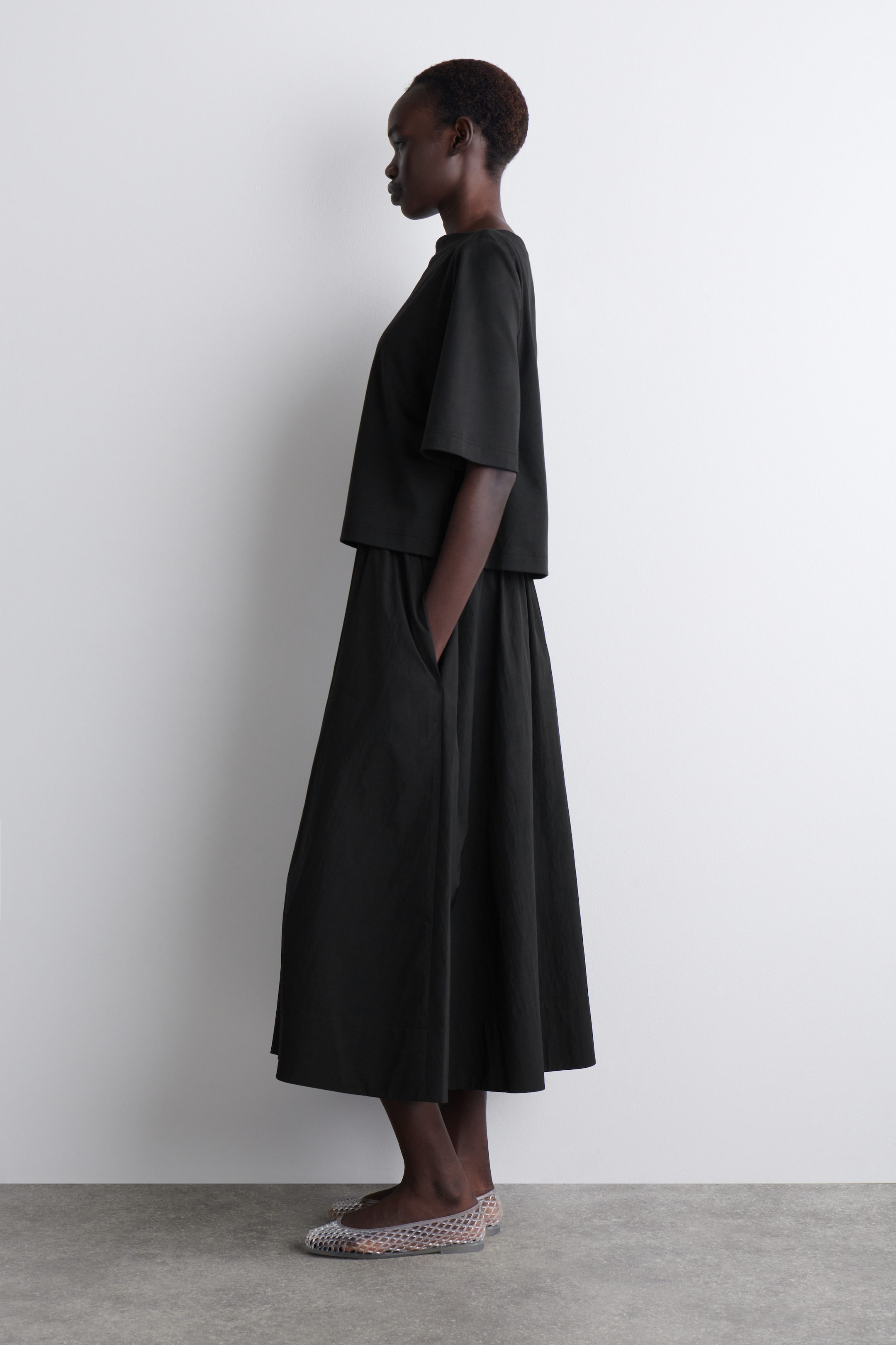 LAYERED BOAT-NECK MIDI DRESS