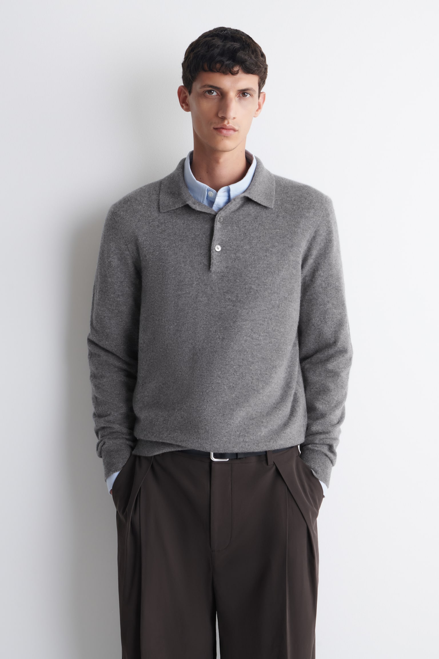 PULL EN CACHEMIRE À COL POLO - GRIS CHINÉ/LILAS DÉLAVÉ - 1