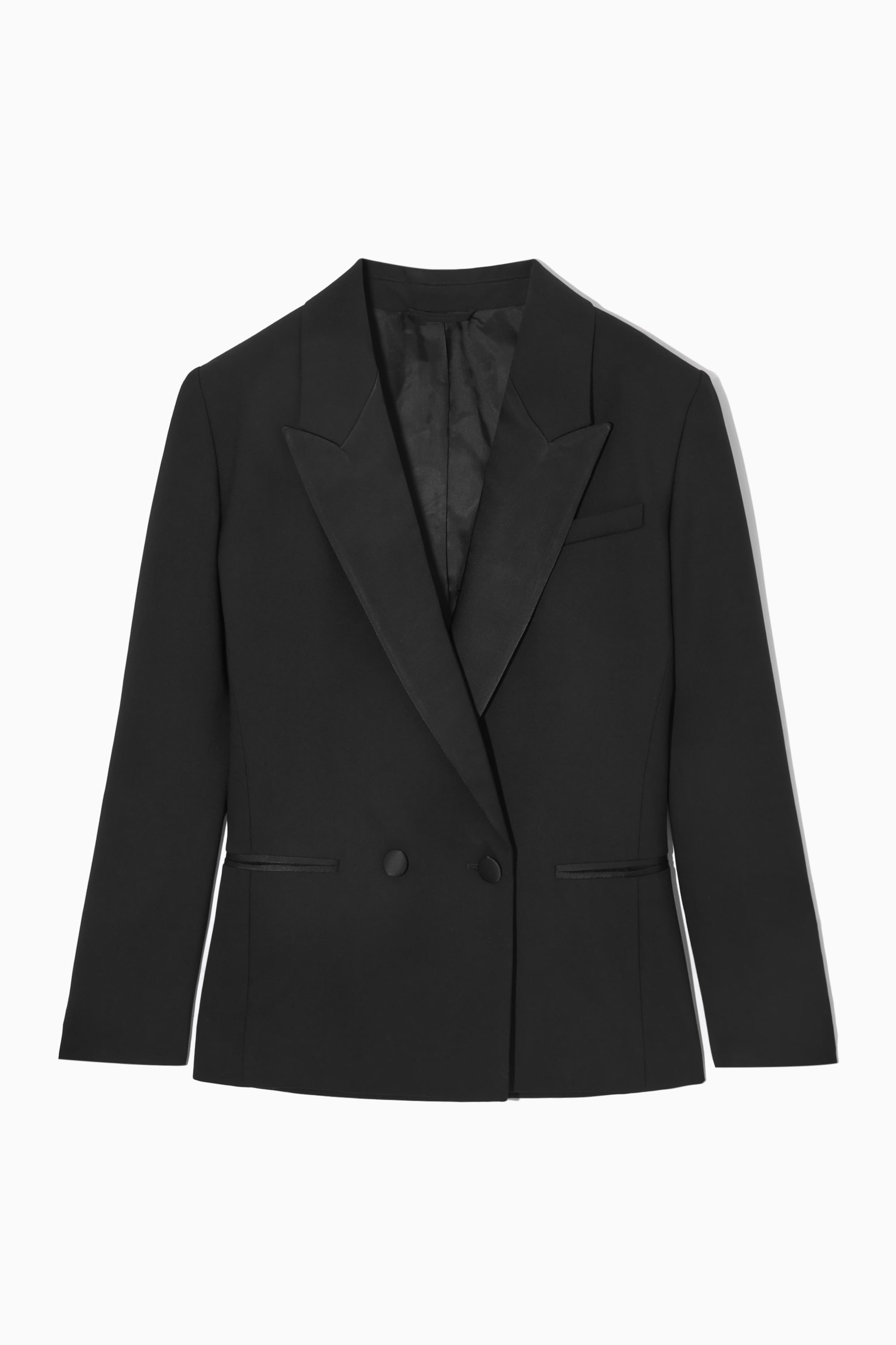 POWER-SHOULDER WOOL TUXEDO BLAZER