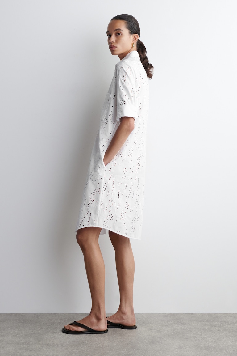 Belted Broderie Anglaise Shirt Dress White