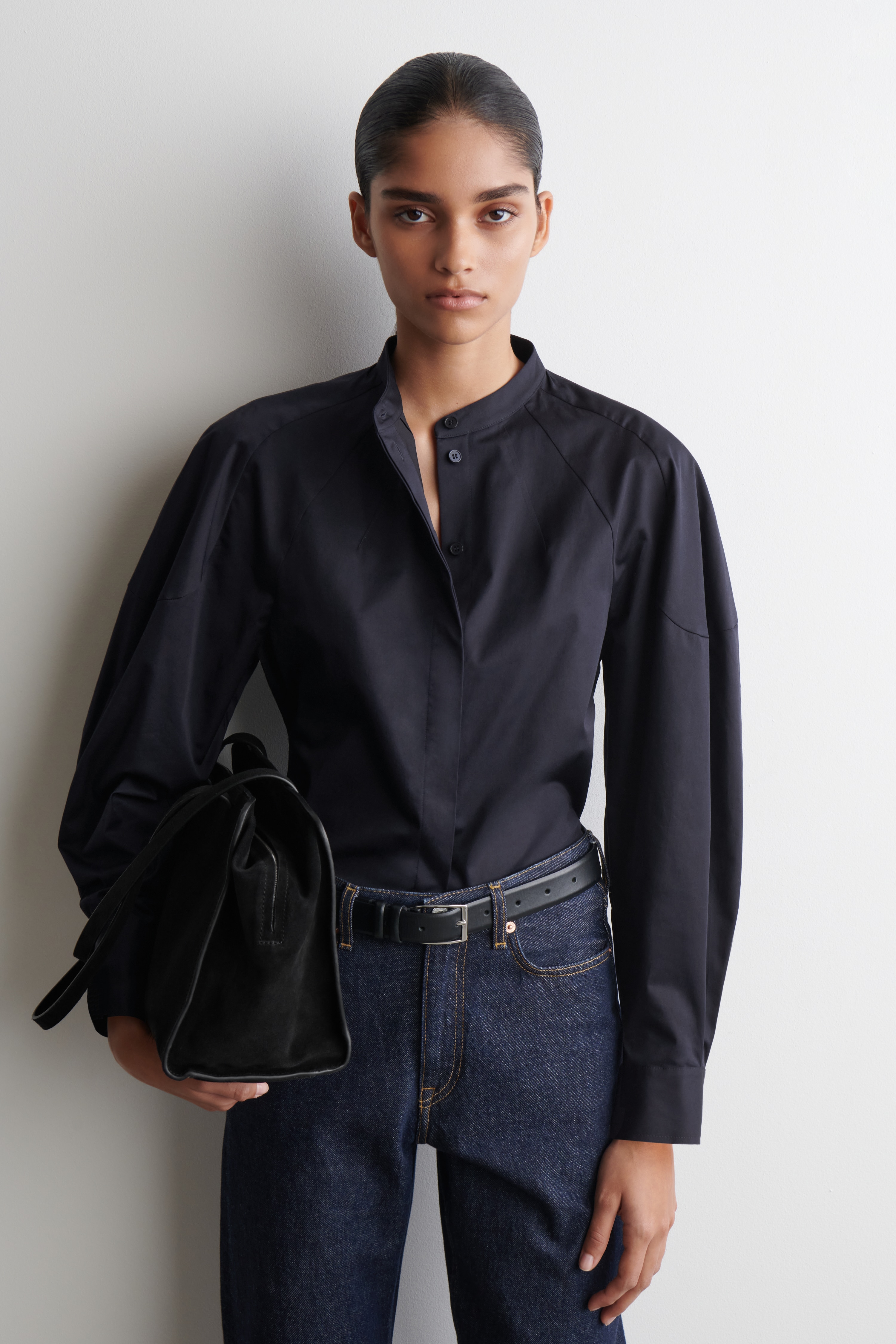CAMICIA IN COTONE SENZA COLLETTO - BLU NAVY/BIANCO
