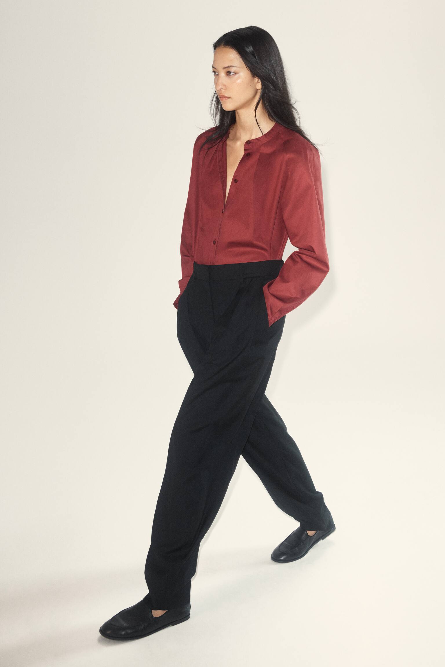 Bomullsskjorte med bandkrage - RØD/MARINE - 6