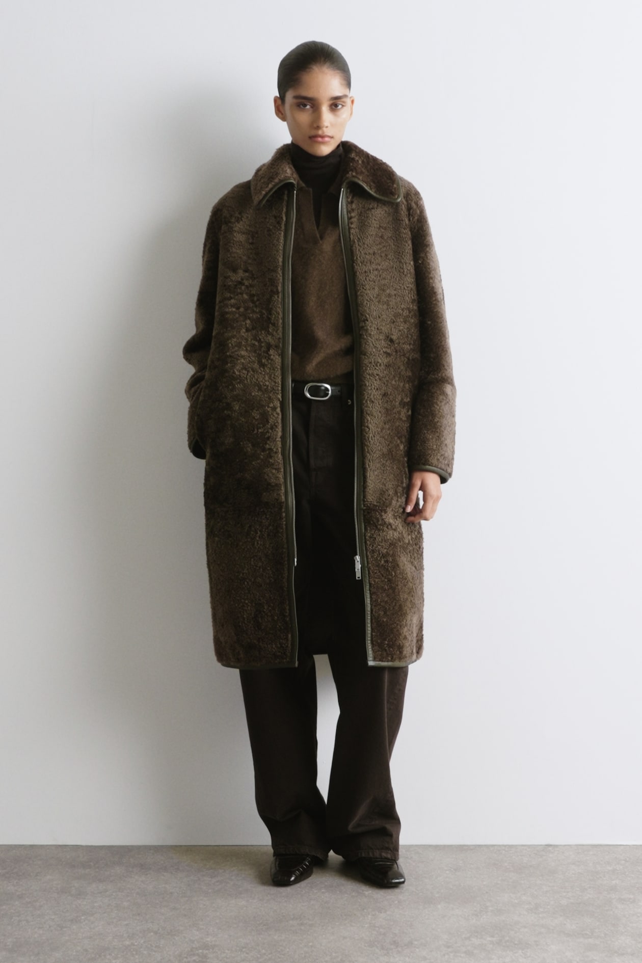 LEATHER-BONDED SHEARLING LONG COAT