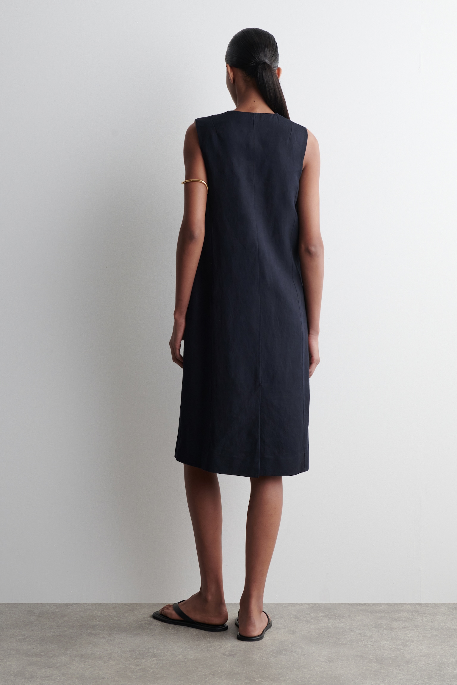 ROBE MIDI FERMETURE NOUÉE EN MÉLANGE DE LIN - BLEU MARINE/VERT CLAIR - 4