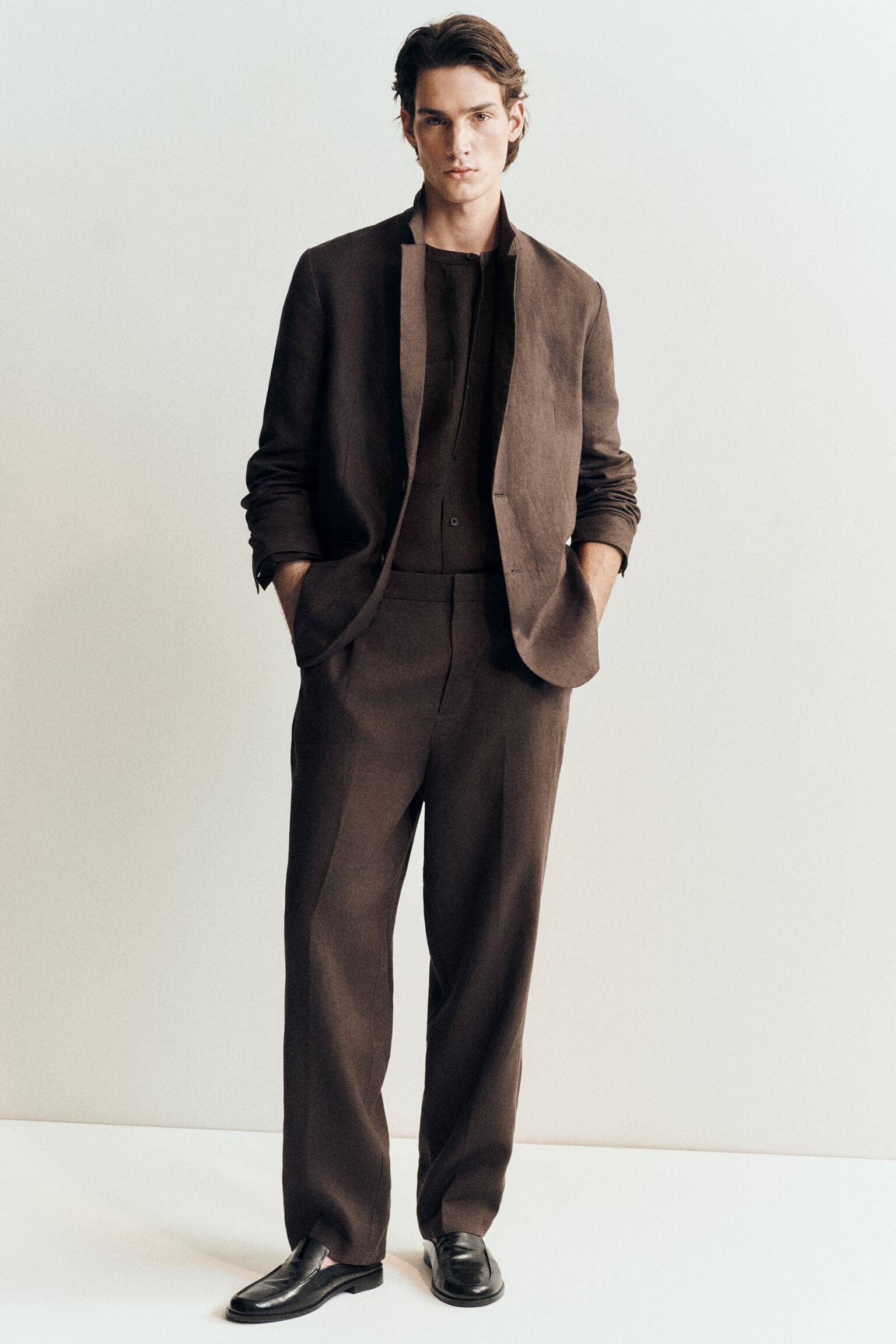 LNIANE SPODNIE ZE ZWĘŻANYMI NOGAWKAMI - CIEMNOBRĄZOWY/GRANATOWY - 4