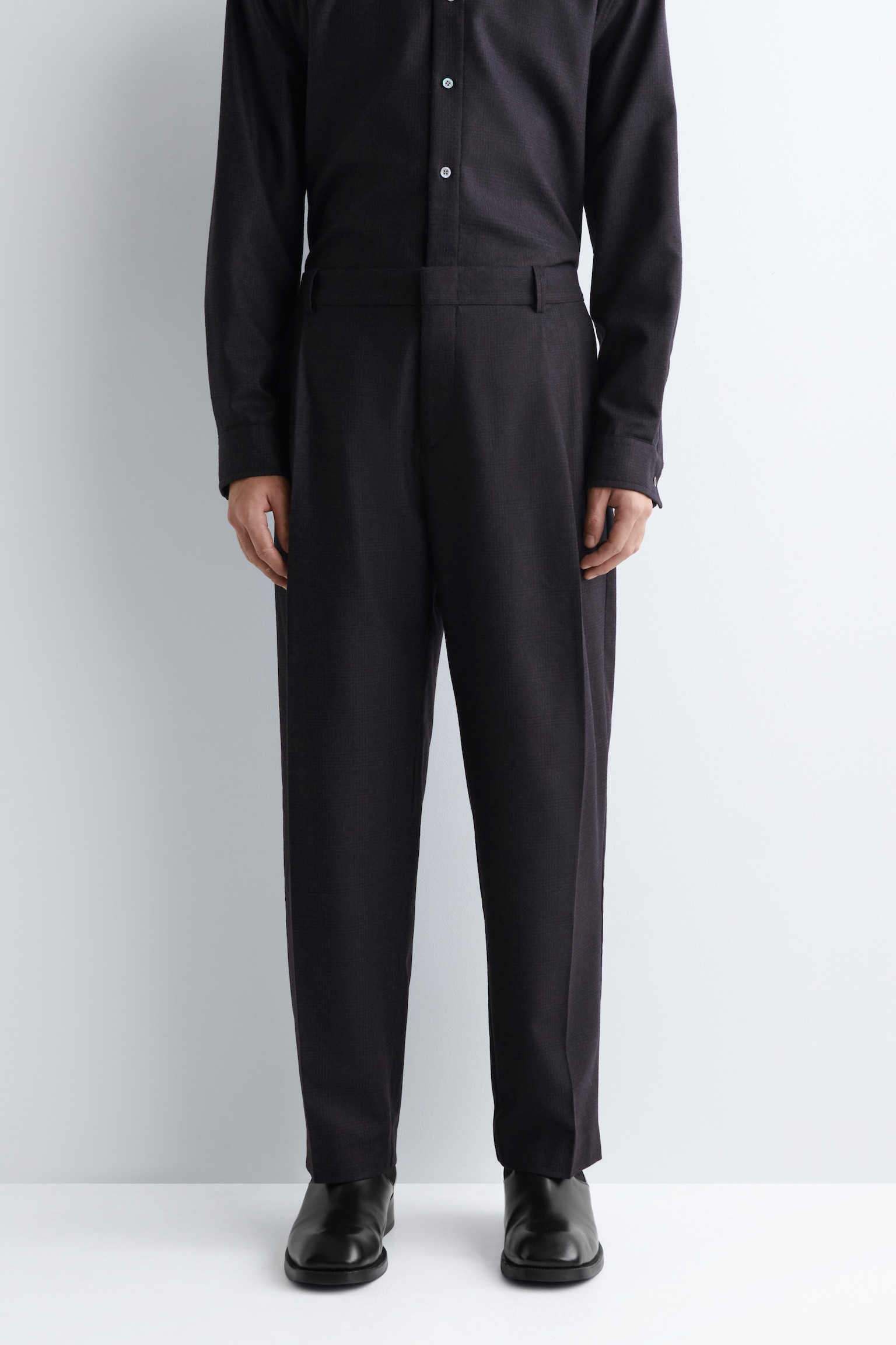 PLEATED WOOL STRAIGHT-LEG TROUSERS - GRIS / CARREAUX/GRIS ANTHRACITE CHINÉ