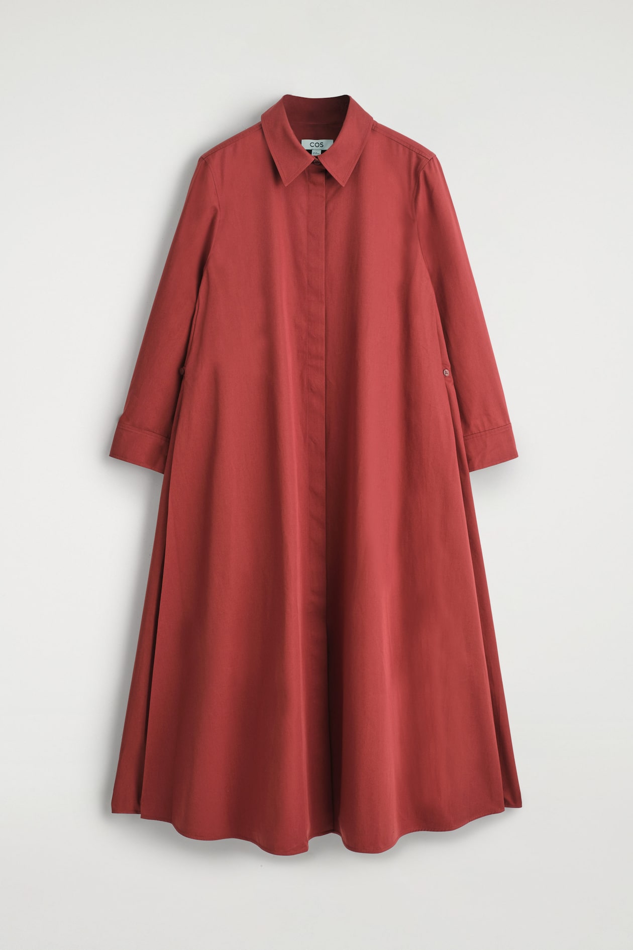 VOLUMINOUS MAXI SHIRT DRESS — RUST