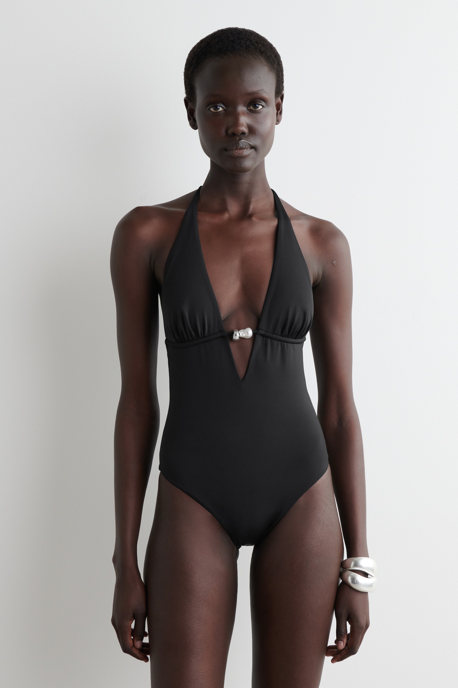 EMBELLISHED PLUNGE-NECK SWIMSUIT - BLACK - 5