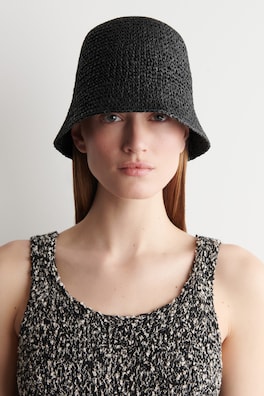 SCULPTED STRAW BUCKET HAT — BLACK 1