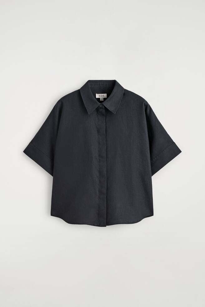 OVERSIZED LÍNENOVÁ KOŠILE S KRÁTKÝM RUKÁVEM - VYPRANÁ ČERNÁ/ŽLUTÁ/BÉŽOVÁ / MELANŽ/BÍLÁ - 1