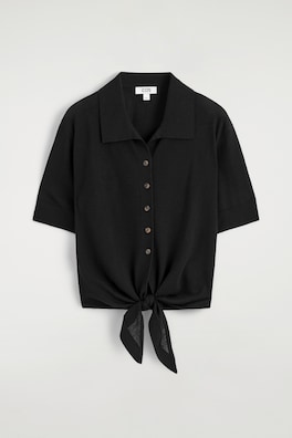 TIE-FRONT KNITTED WOOL SHIRT — BLACK 10