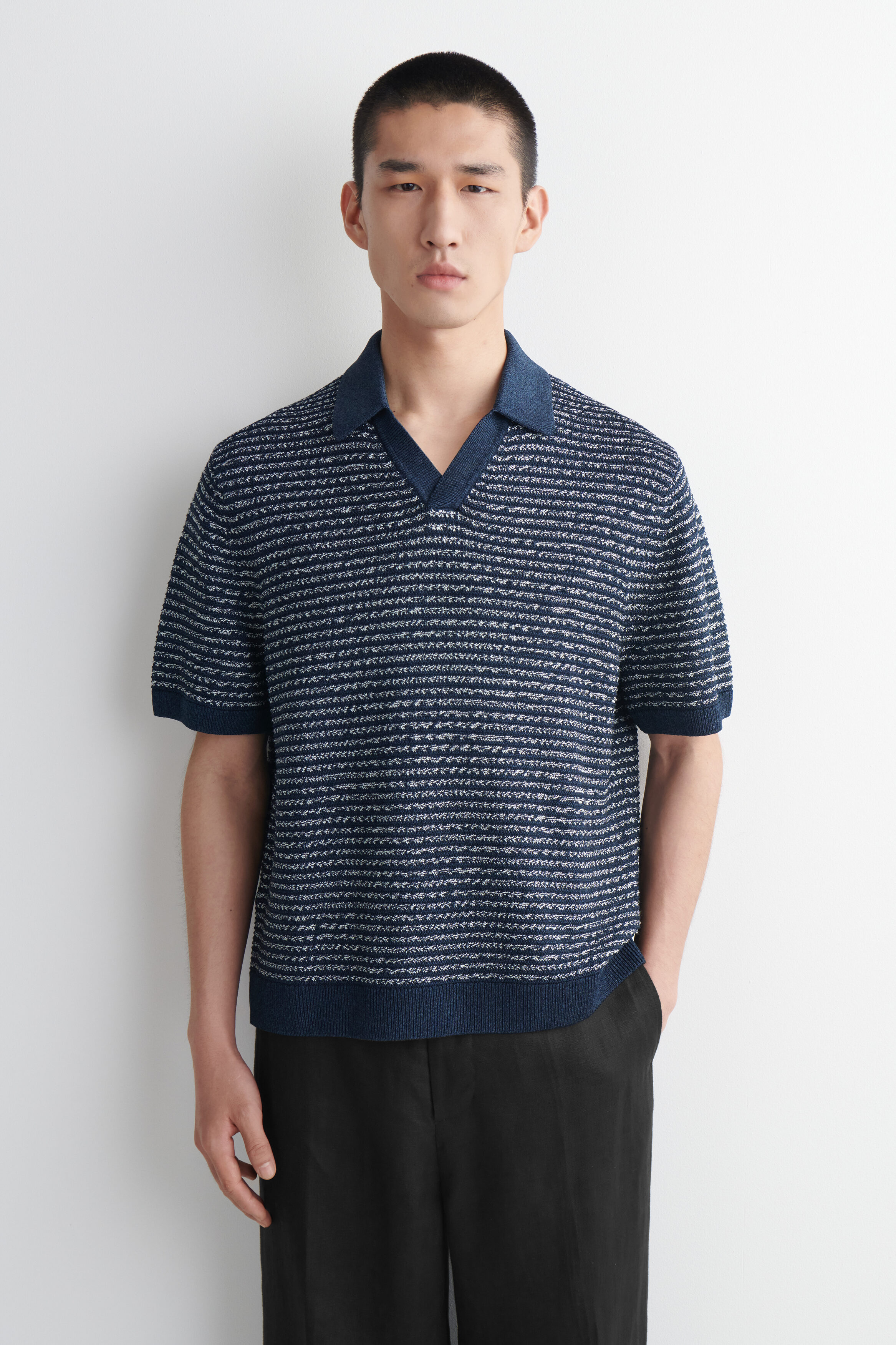 STRIPED OPEN-KNIT POLO SHIRT - NAVY / WHITE / STRIPED | COS US