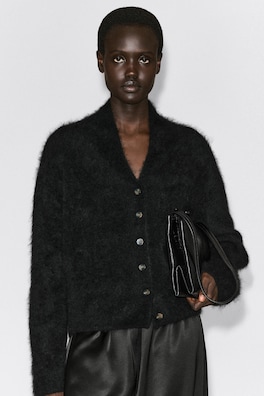 DRAPED BRUSHED MERINO WOOL CARDIGAN — BLACK 6