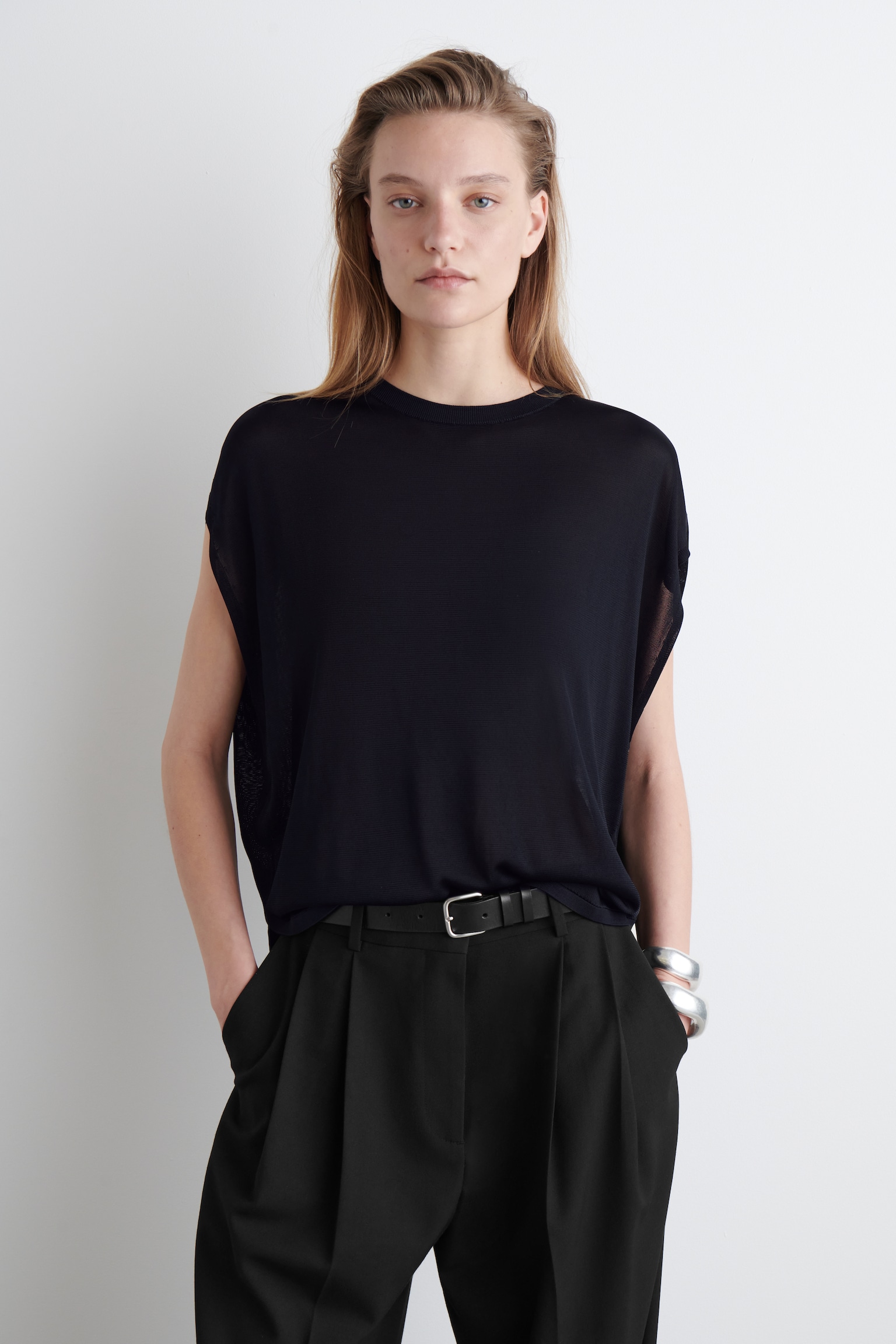 T-SHIRT EN MAILLE OURLET CIRCULAIRE - BLEU MARINE/VERT CLAIR - 1