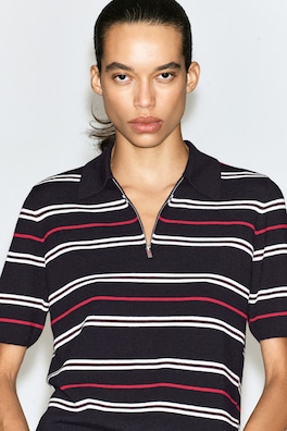 MERINO WOOL ZIP-UP POLO SHIRT — NAVY / RED / STRIPED 6