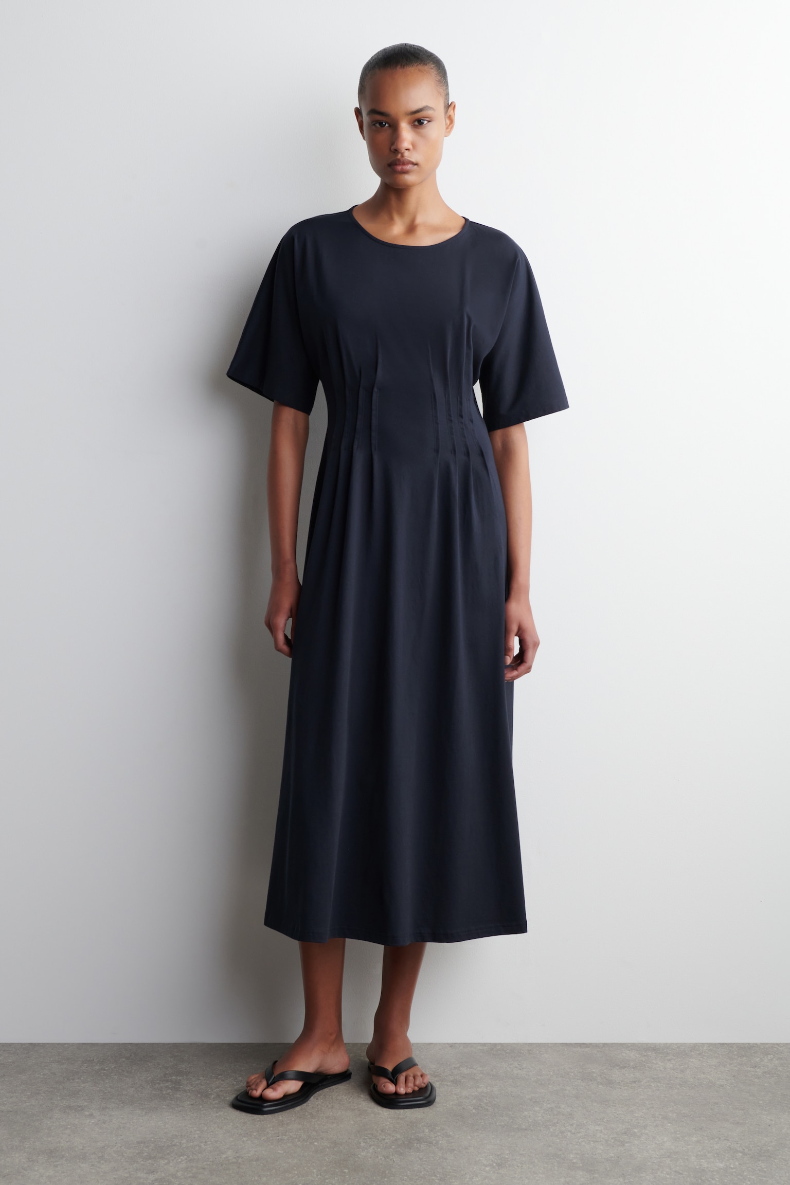 ROBE MIDI NERVURÉE EN COTON - BLEU MARINE/BLEU CIEL