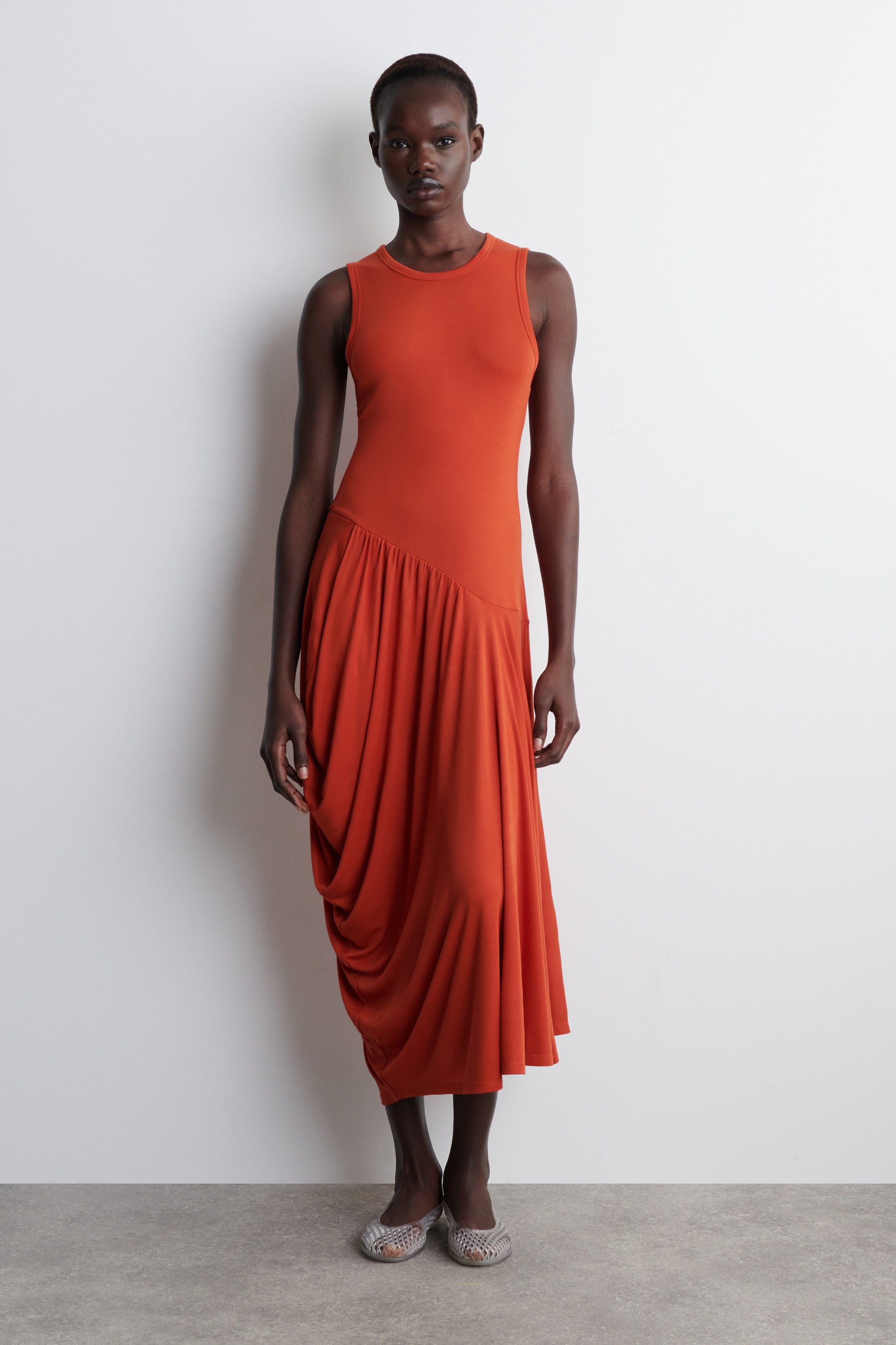 ASYMMETRIC DRAPED MIDI DRESS